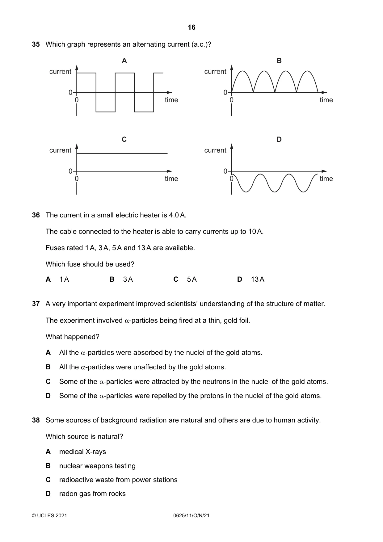 Cambridge IGCSE Physics 0625 2021 Oct/Nov Paper 1 · Variant 1 question paper, page 16 of 20