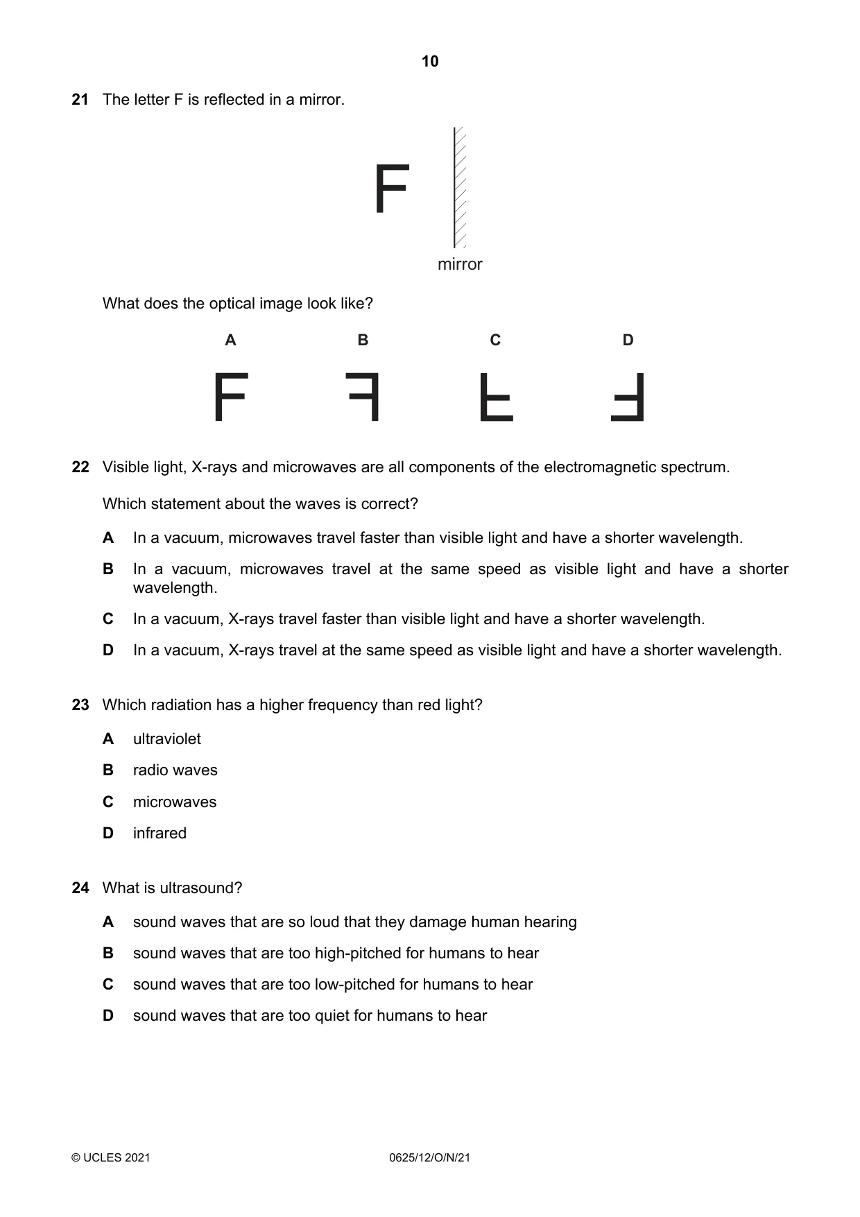 Cambridge IGCSE Physics 0625 2021 Oct/Nov Paper 1 · Variant 2 question paper, page 10 of 16