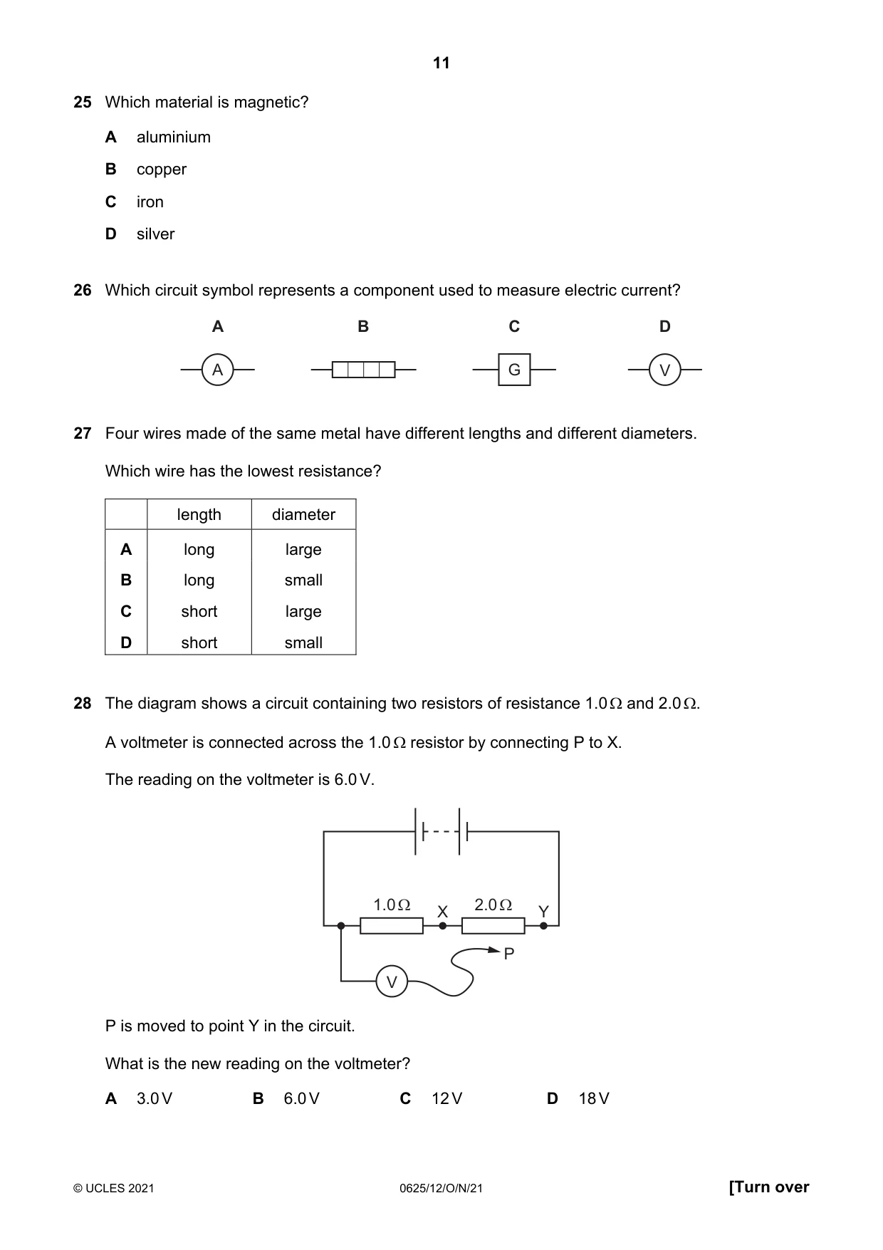 Cambridge IGCSE Physics 0625 2021 Oct/Nov Paper 1 · Variant 2 question paper, page 11 of 16