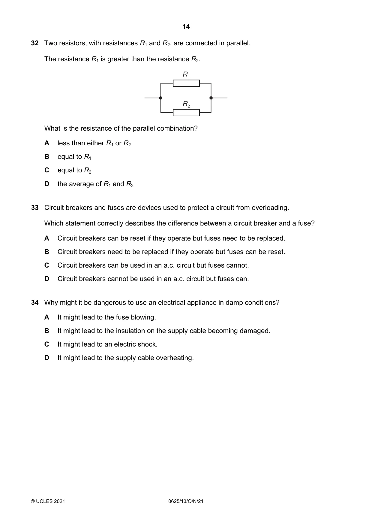 Cambridge IGCSE Physics 0625 2021 Oct/Nov Paper 1 · Variant 3 question paper, page 14 of 16