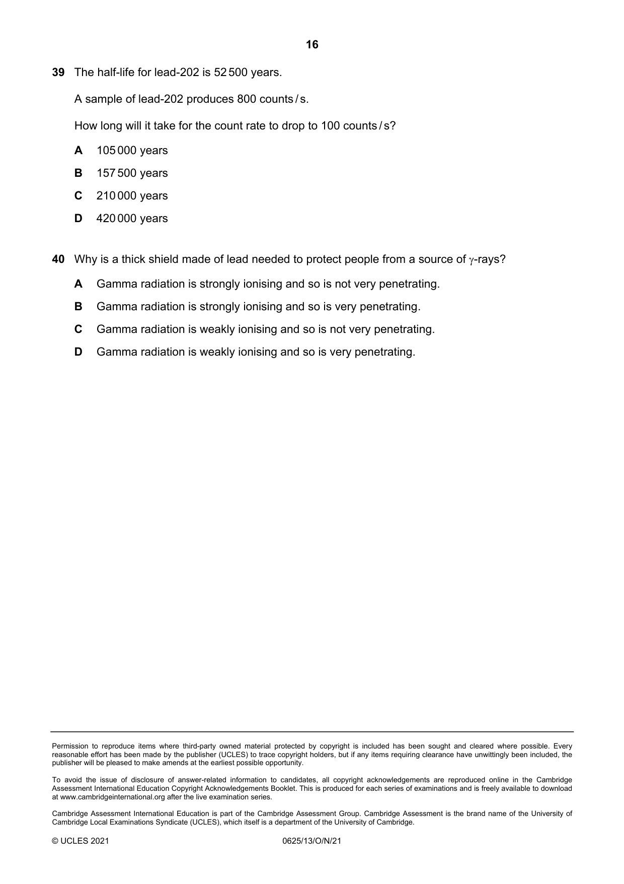 Cambridge IGCSE Physics 0625 2021 Oct/Nov Paper 1 · Variant 3 question paper, page 16 of 16