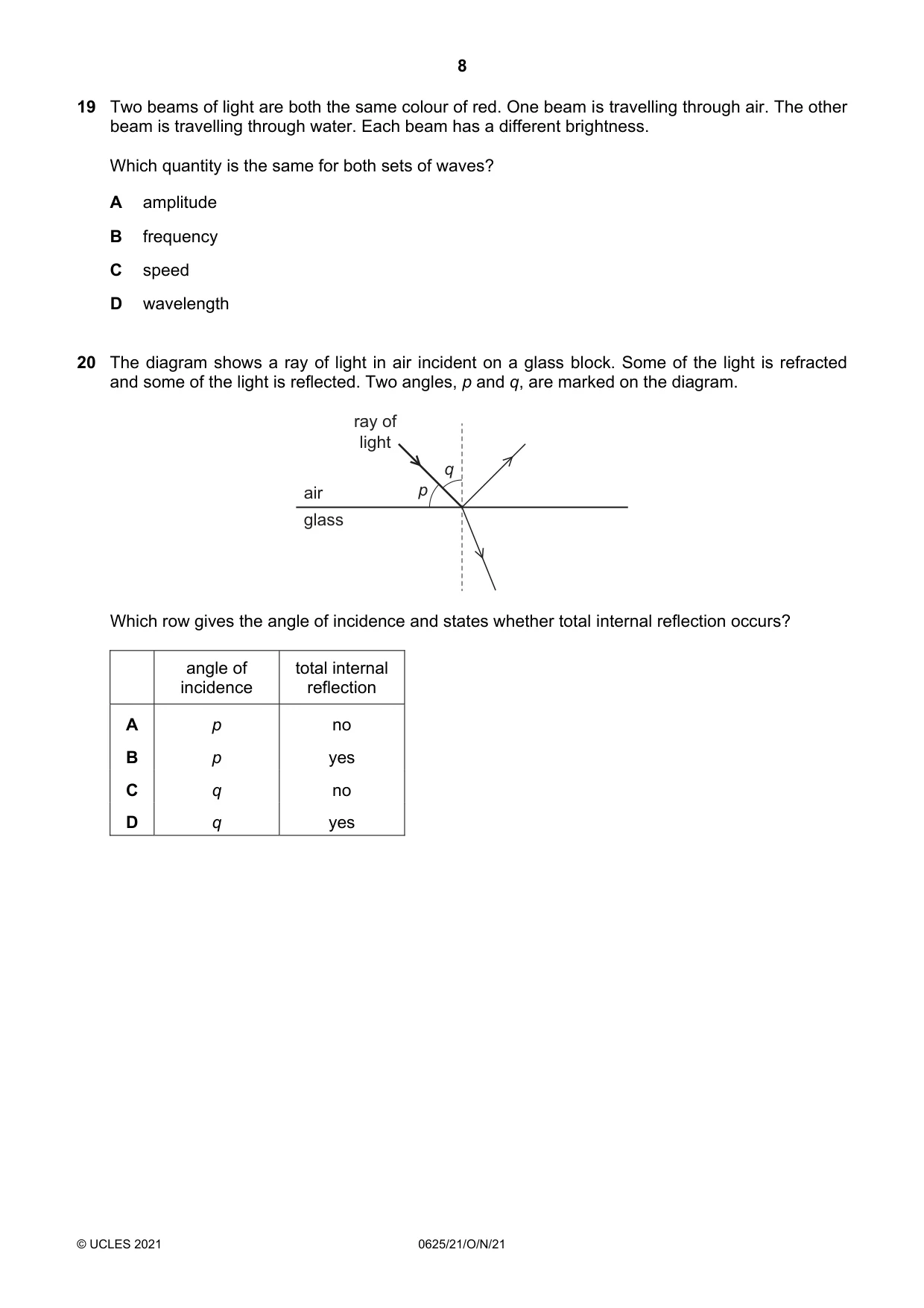 Cambridge IGCSE Physics 0625 2021 Oct/Nov Paper 2 · Variant 1 question paper, page 8 of 16
