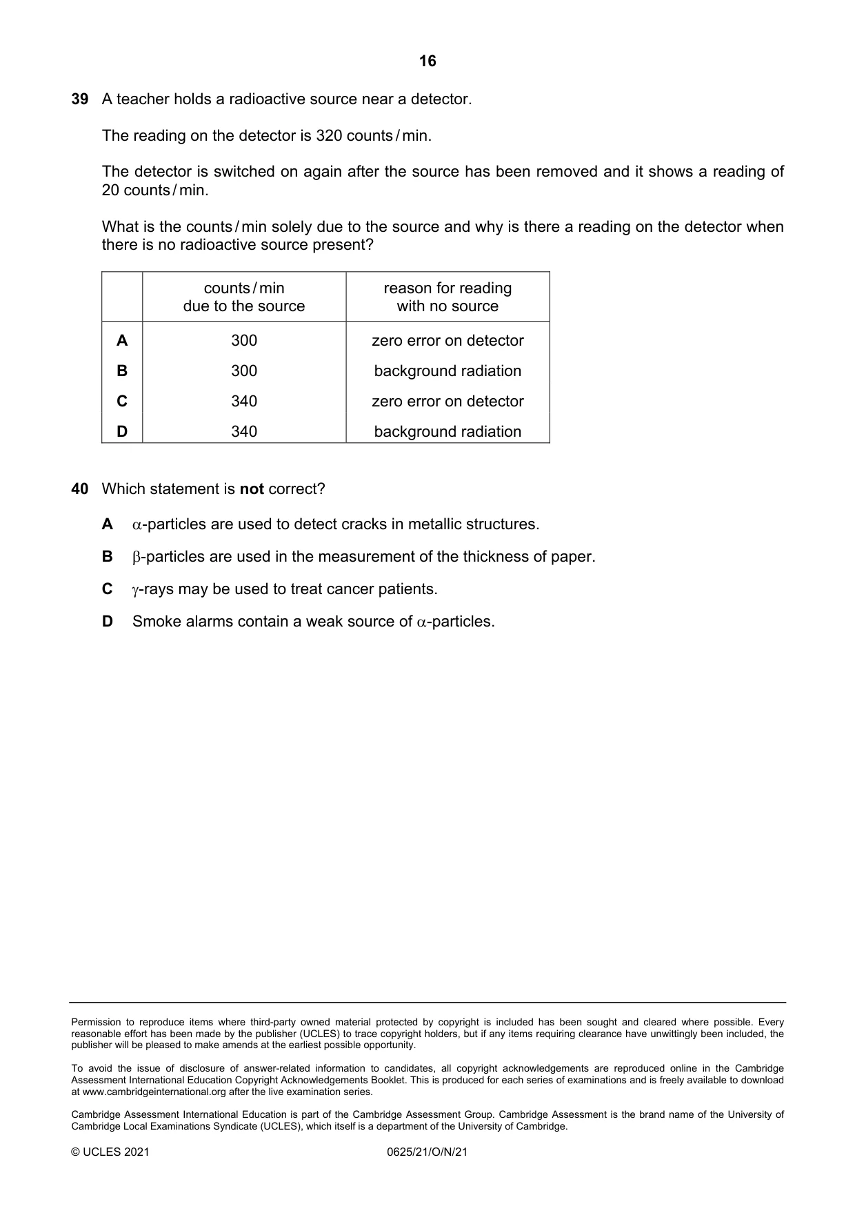 Cambridge IGCSE Physics 0625 2021 Oct/Nov Paper 2 · Variant 1 question paper, page 16 of 16