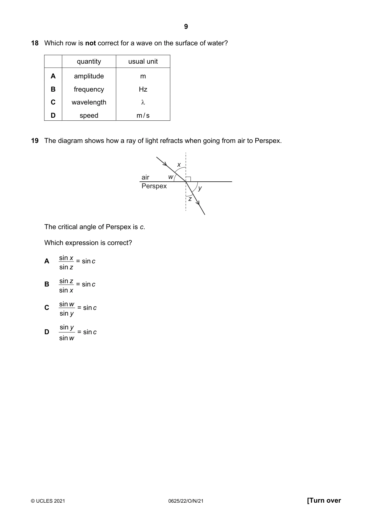 Cambridge IGCSE Physics 0625 2021 Oct/Nov Paper 2 · Variant 2 question paper, page 9 of 20