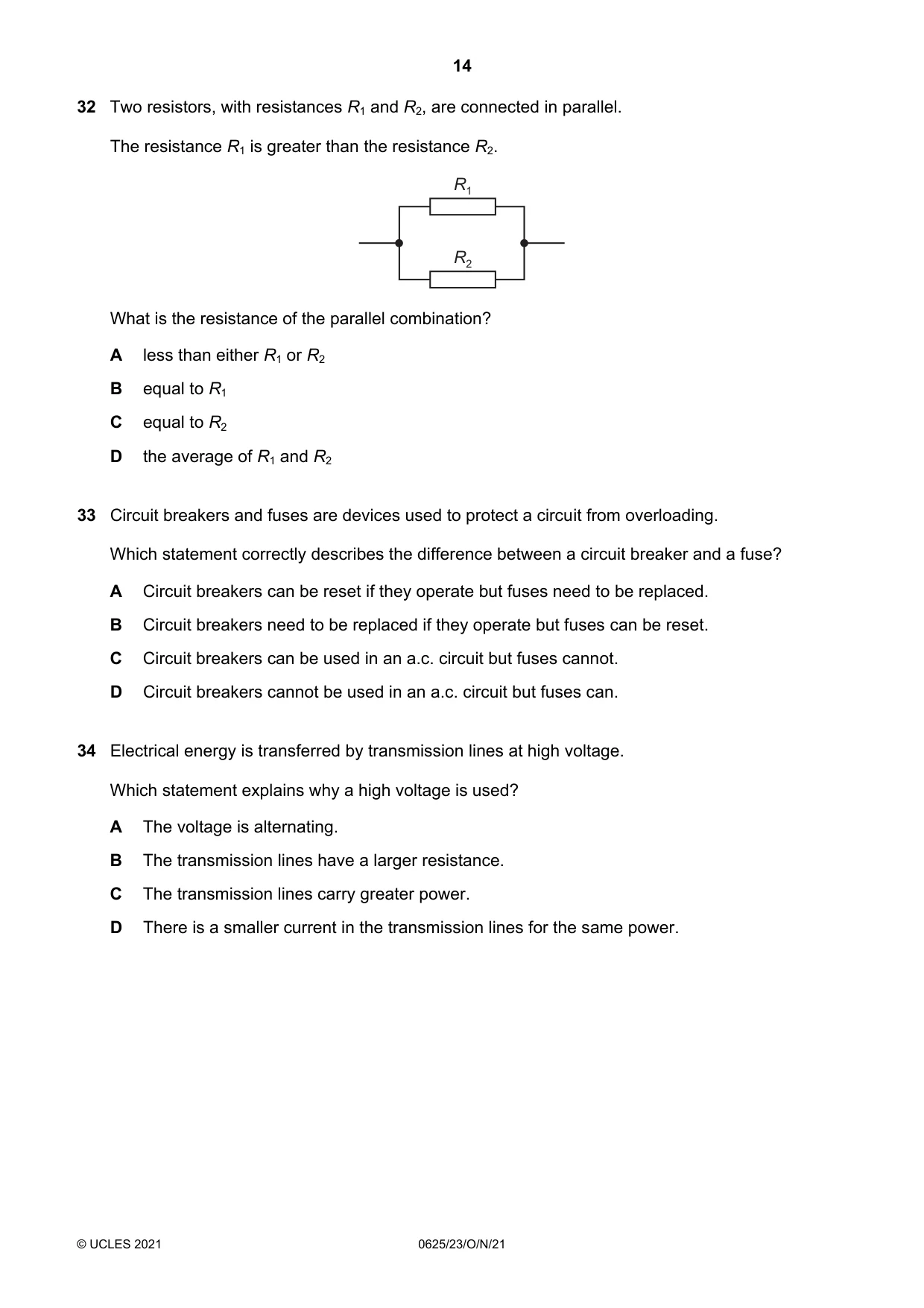 Cambridge IGCSE Physics 0625 2021 Oct/Nov Paper 2 · Variant 3 question paper, page 14 of 20