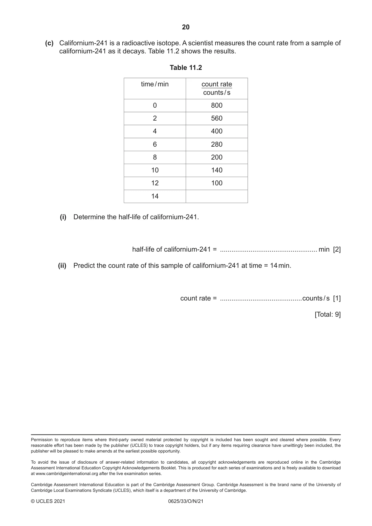 Cambridge IGCSE Physics 0625 2021 Oct/Nov Paper 3 · Variant 3 question paper, page 20 of 20