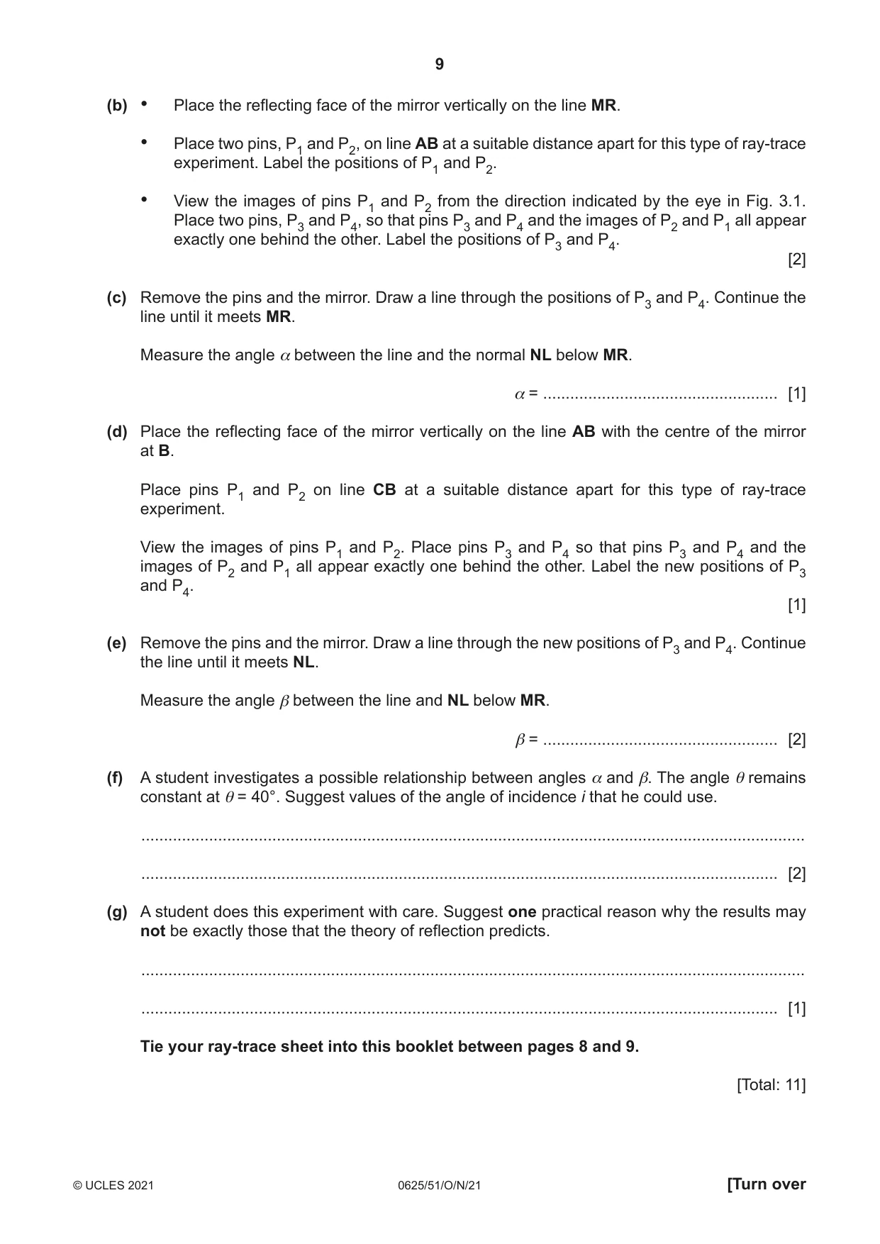 Cambridge IGCSE Physics 0625 2021 Oct/Nov Paper 5 · Variant 1 question paper, page 9 of 12