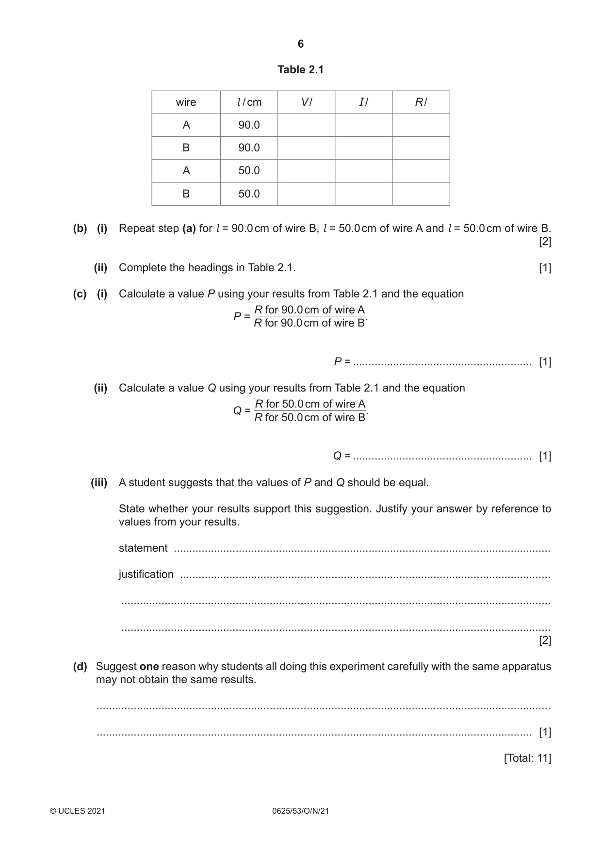 Cambridge IGCSE Physics 0625 2021 Oct/Nov Paper 5 · Variant 3 question paper, page 6 of 12