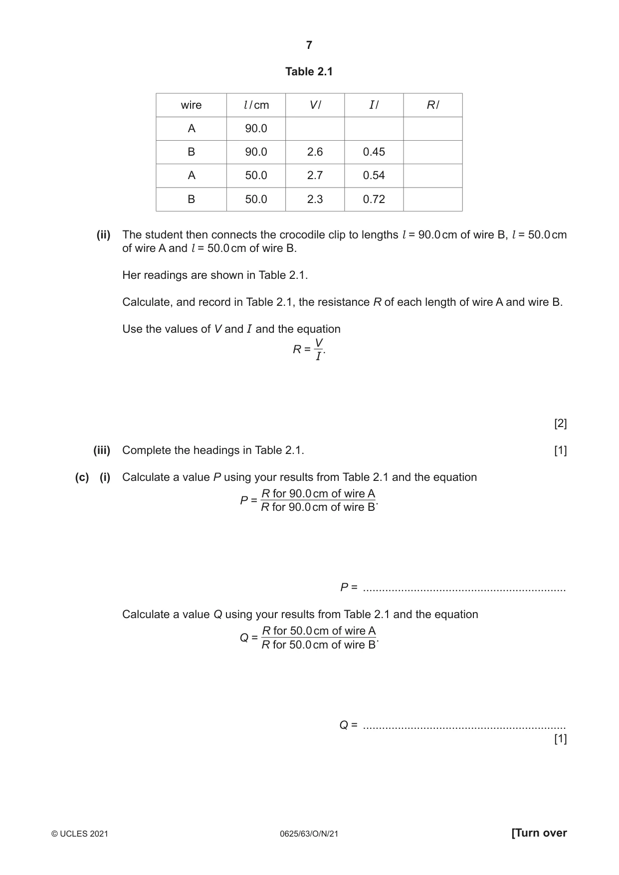 Cambridge IGCSE Physics 0625 2021 Oct/Nov Paper 6 · Variant 3 question paper, page 7 of 16