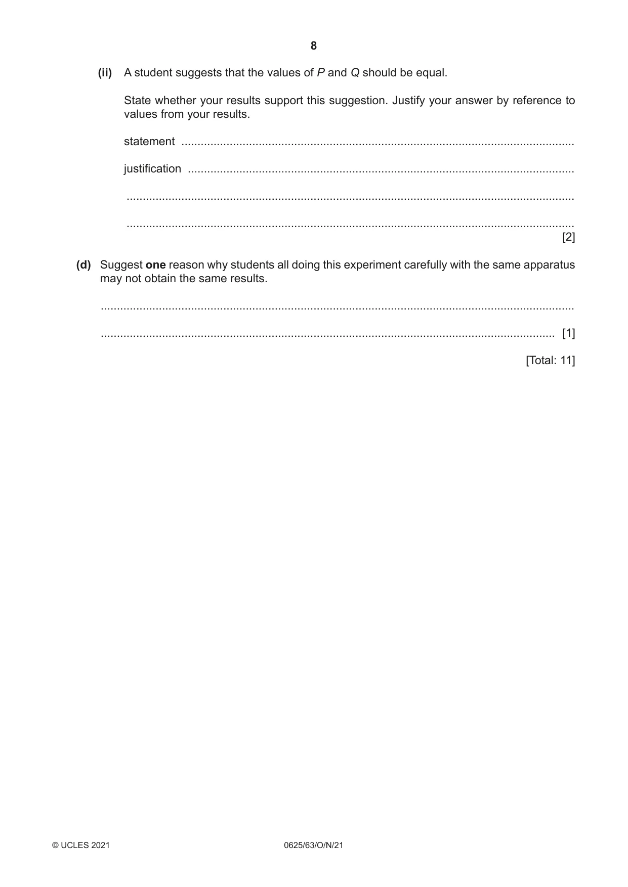 Cambridge IGCSE Physics 0625 2021 Oct/Nov Paper 6 · Variant 3 question paper, page 8 of 16