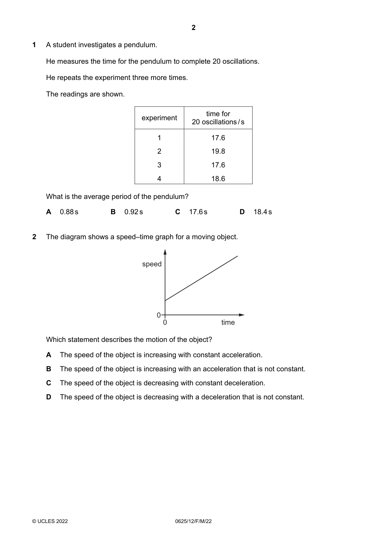 Cambridge IGCSE Physics 0625 2022 Feb/March Paper 1 · Variant 2 question paper, page 2 of 20