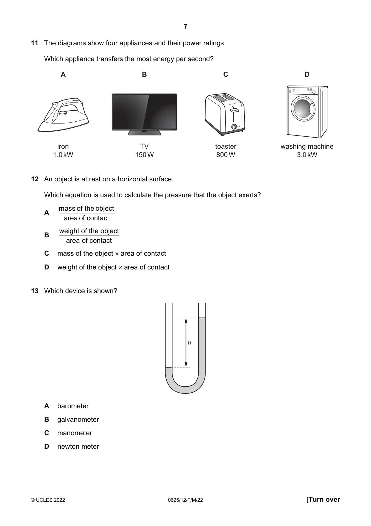 Cambridge IGCSE Physics 0625 2022 Feb/March Paper 1 · Variant 2 question paper, page 7 of 20