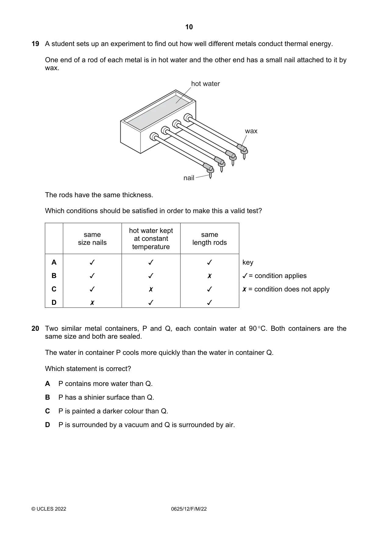 Cambridge IGCSE Physics 0625 2022 Feb/March Paper 1 · Variant 2 question paper, page 10 of 20