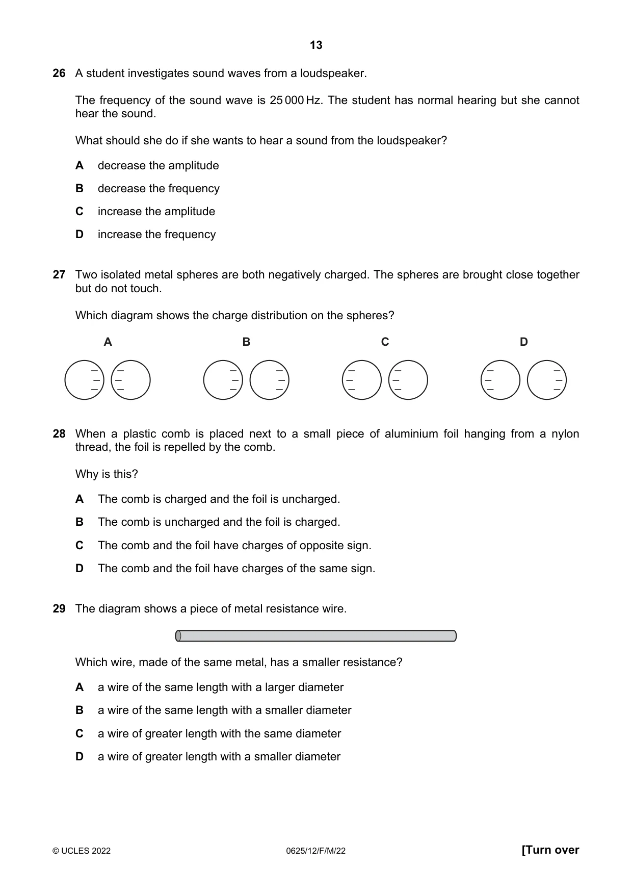 Cambridge IGCSE Physics 0625 2022 Feb/March Paper 1 · Variant 2 question paper, page 13 of 20