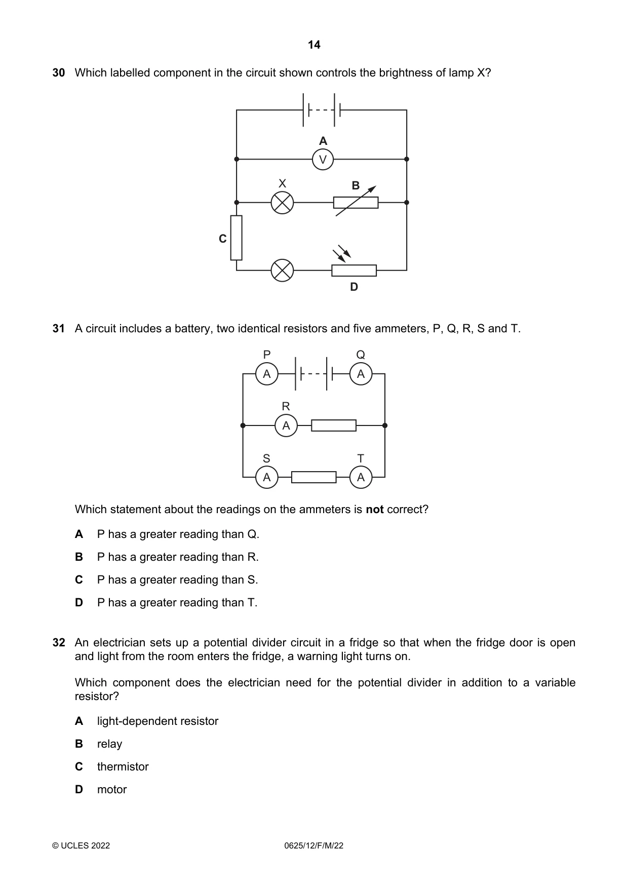 Cambridge IGCSE Physics 0625 2022 Feb/March Paper 1 · Variant 2 question paper, page 14 of 20