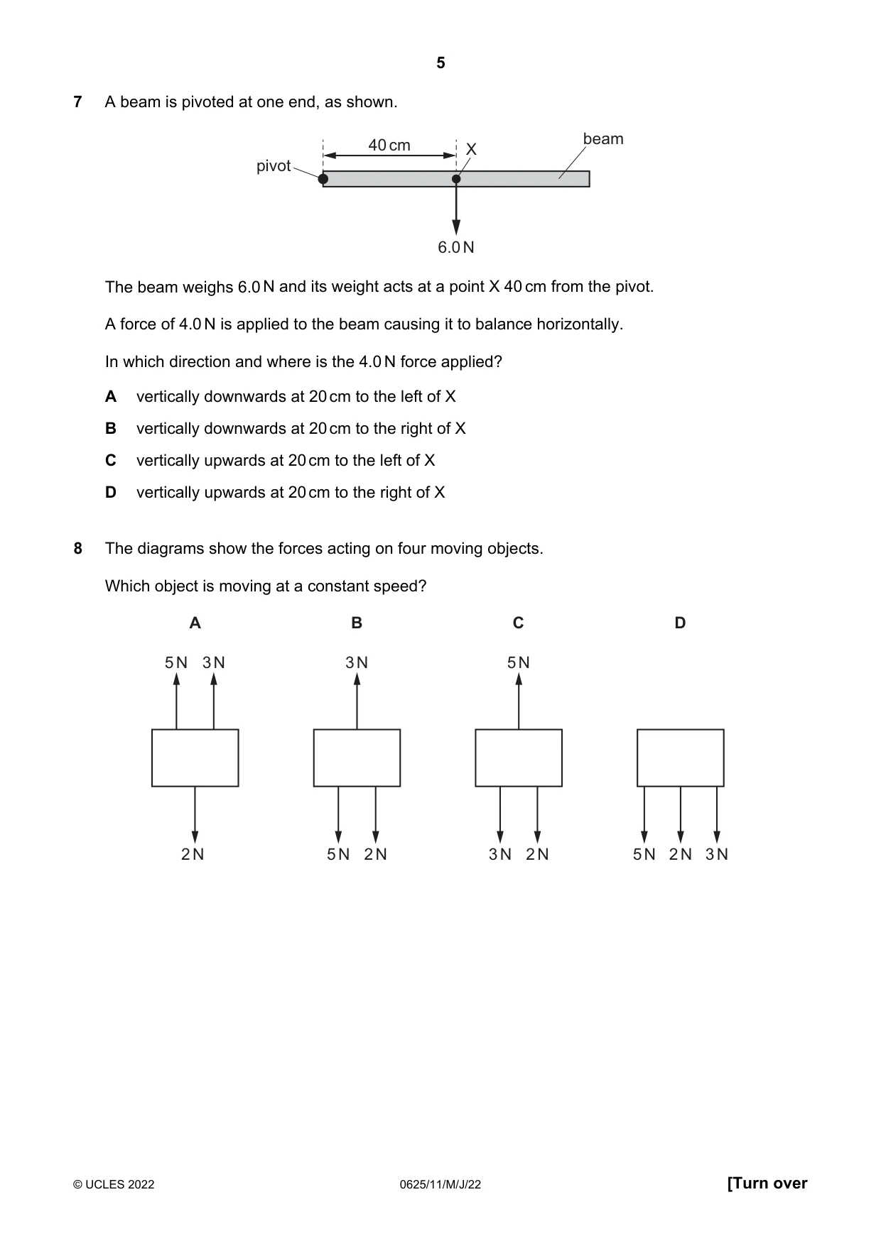 Cambridge IGCSE Physics 0625 2022 May/June Paper 1 · Variant 1 question paper, page 5 of 20