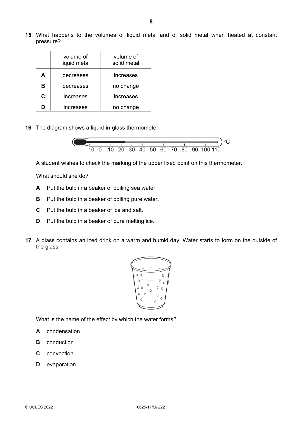 Cambridge IGCSE Physics 0625 2022 May/June Paper 1 · Variant 1 question paper, page 8 of 20