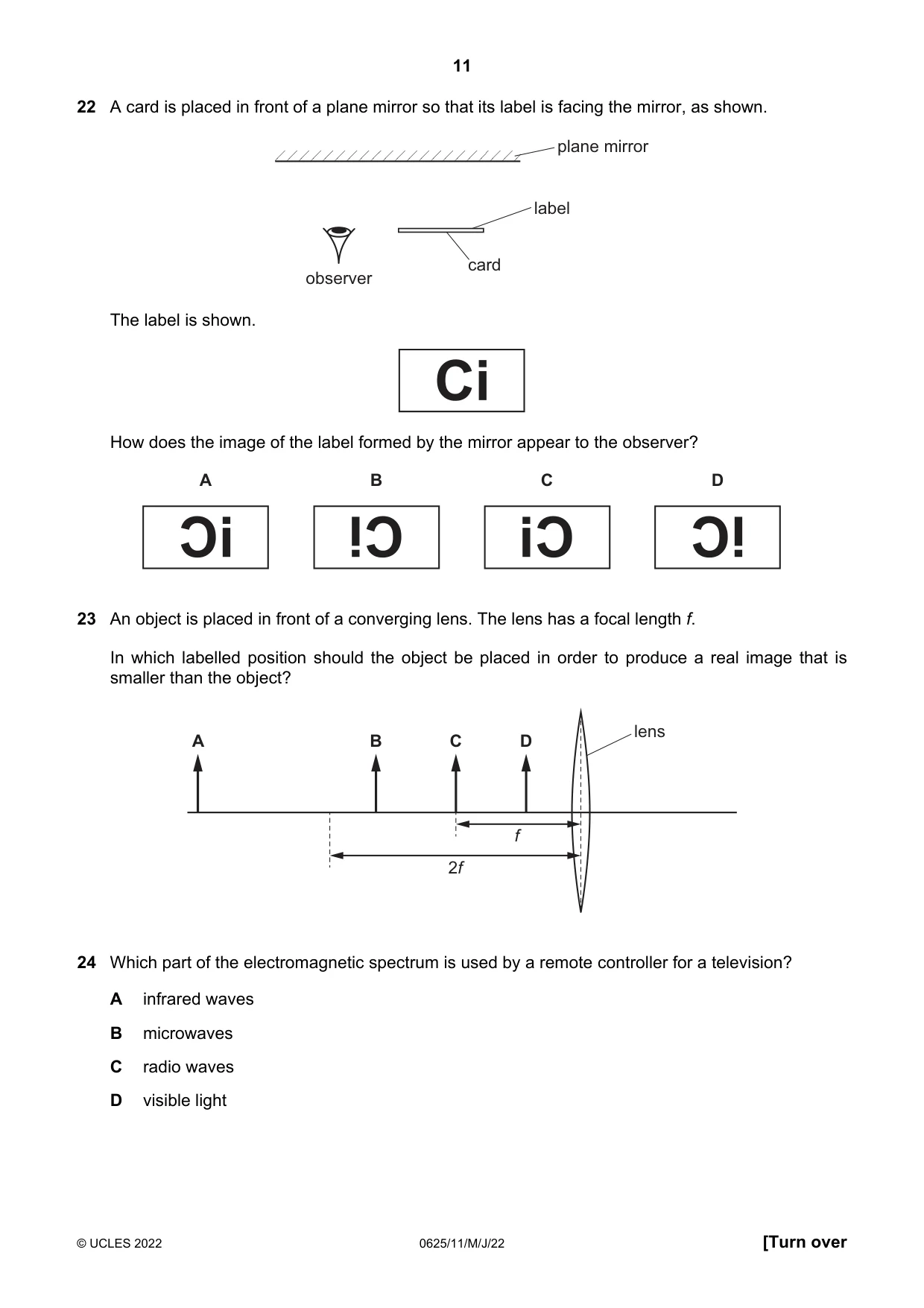 Cambridge IGCSE Physics 0625 2022 May/June Paper 1 · Variant 1 question paper, page 11 of 20