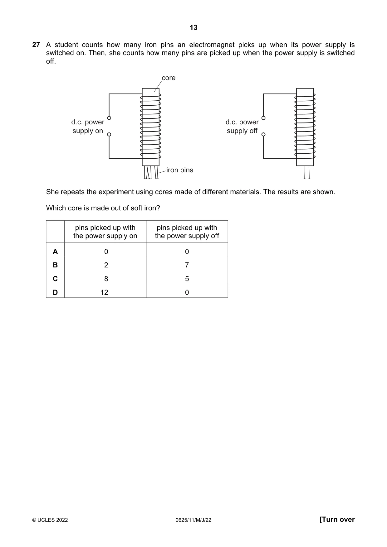 Cambridge IGCSE Physics 0625 2022 May/June Paper 1 · Variant 1 question paper, page 13 of 20