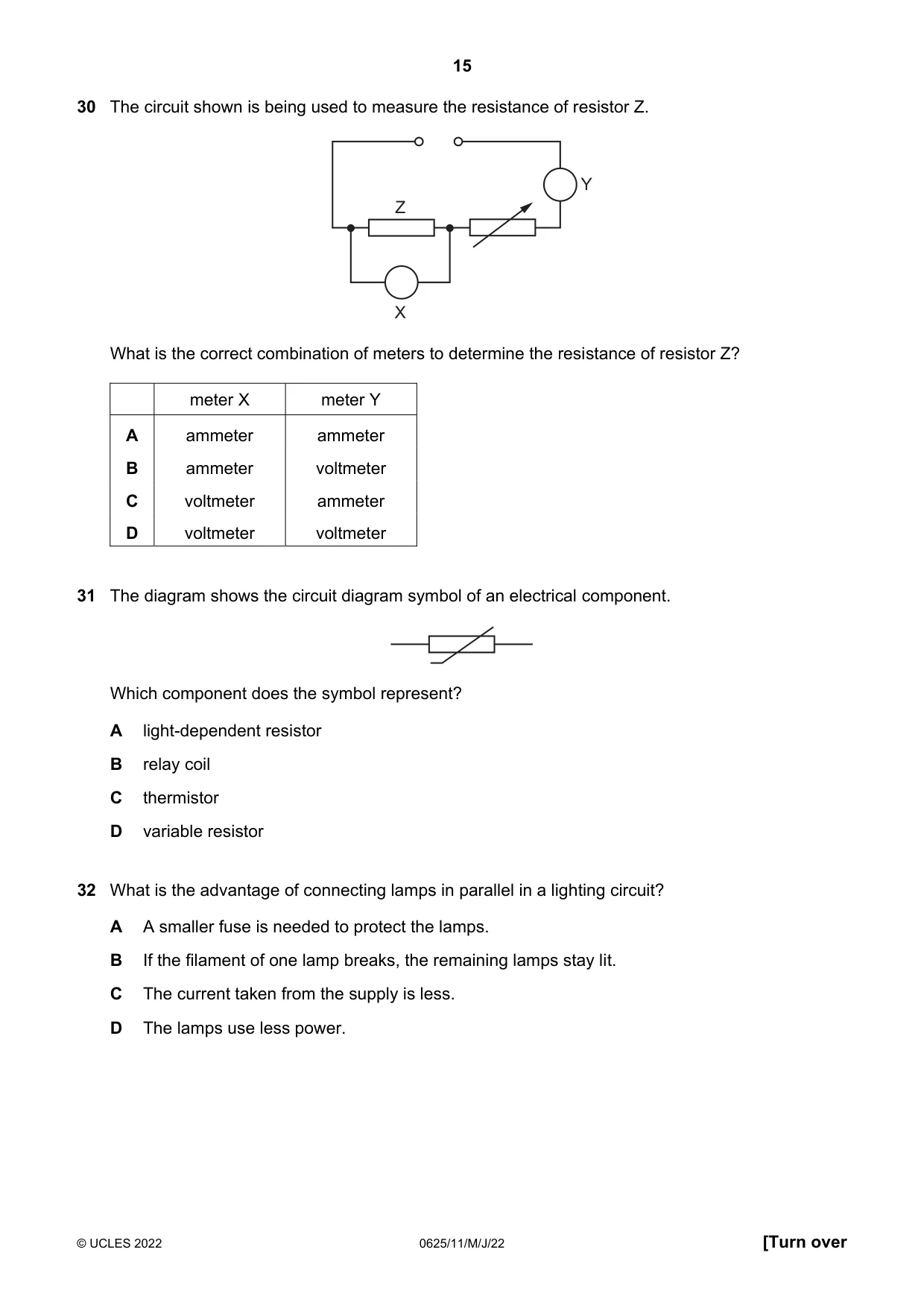 Cambridge IGCSE Physics 0625 2022 May/June Paper 1 · Variant 1 question paper, page 15 of 20