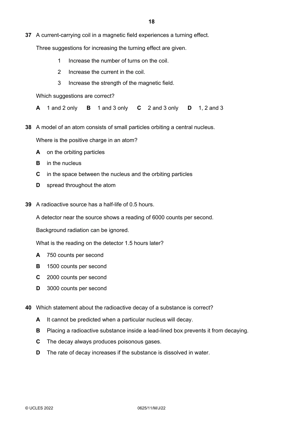 Cambridge IGCSE Physics 0625 2022 May/June Paper 1 · Variant 1 question paper, page 18 of 20