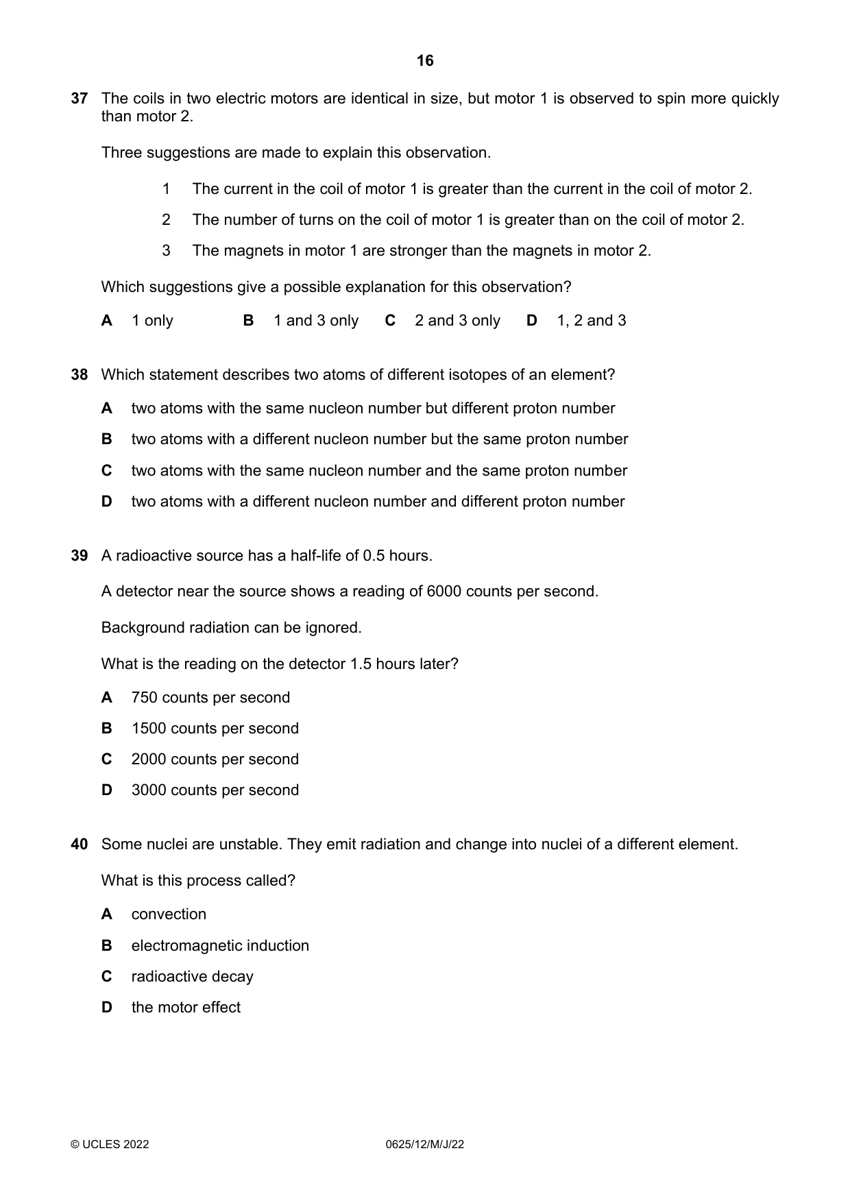 Cambridge IGCSE Physics 0625 2022 May/June Paper 1 · Variant 2 question paper, page 16 of 16