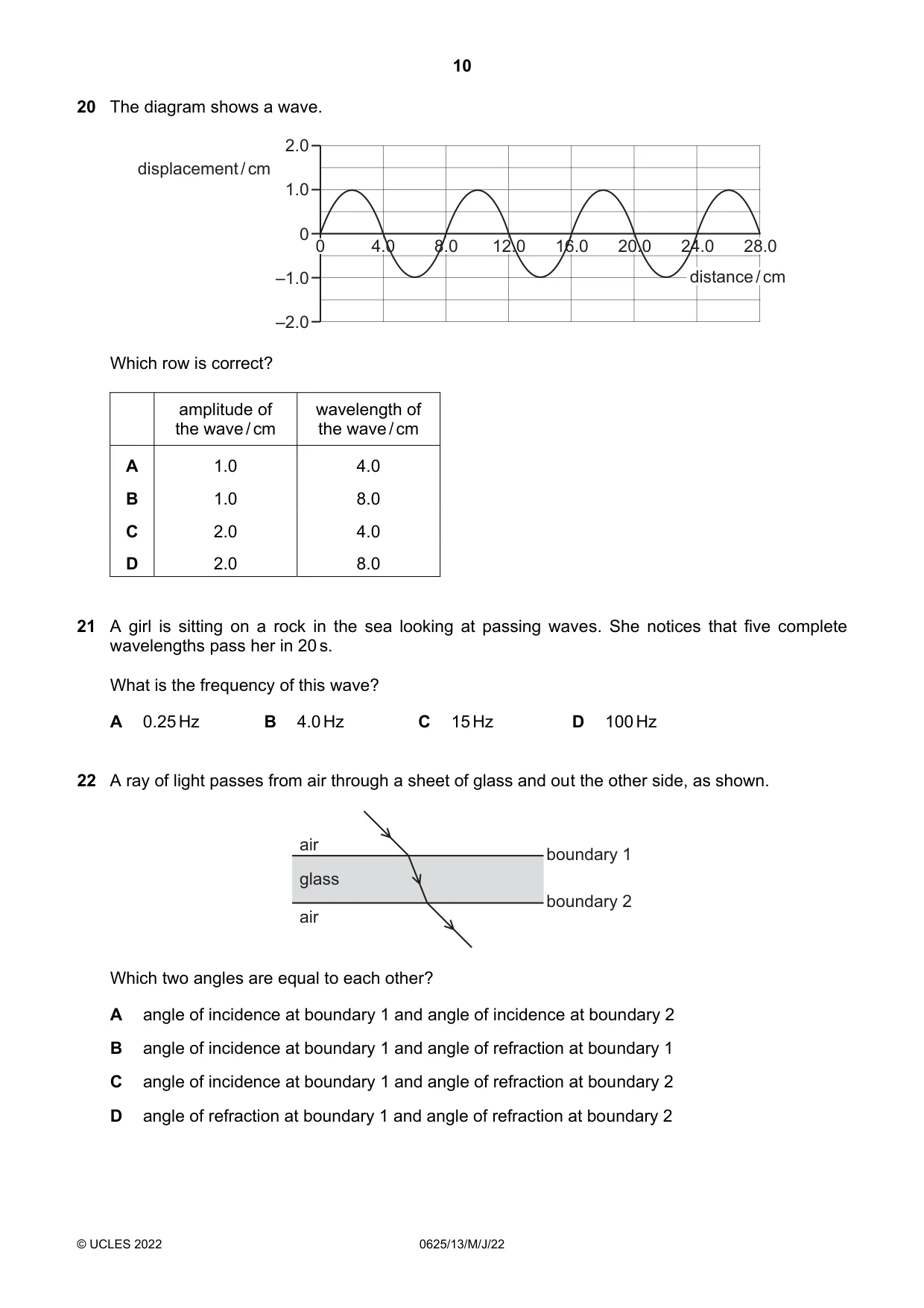 Cambridge IGCSE Physics 0625 2022 May/June Paper 1 · Variant 3 question paper, page 10 of 20