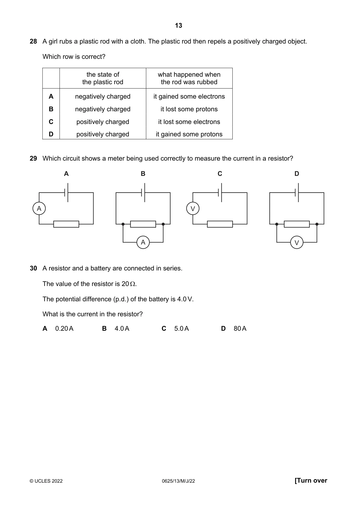 Cambridge IGCSE Physics 0625 2022 May/June Paper 1 · Variant 3 question paper, page 13 of 20