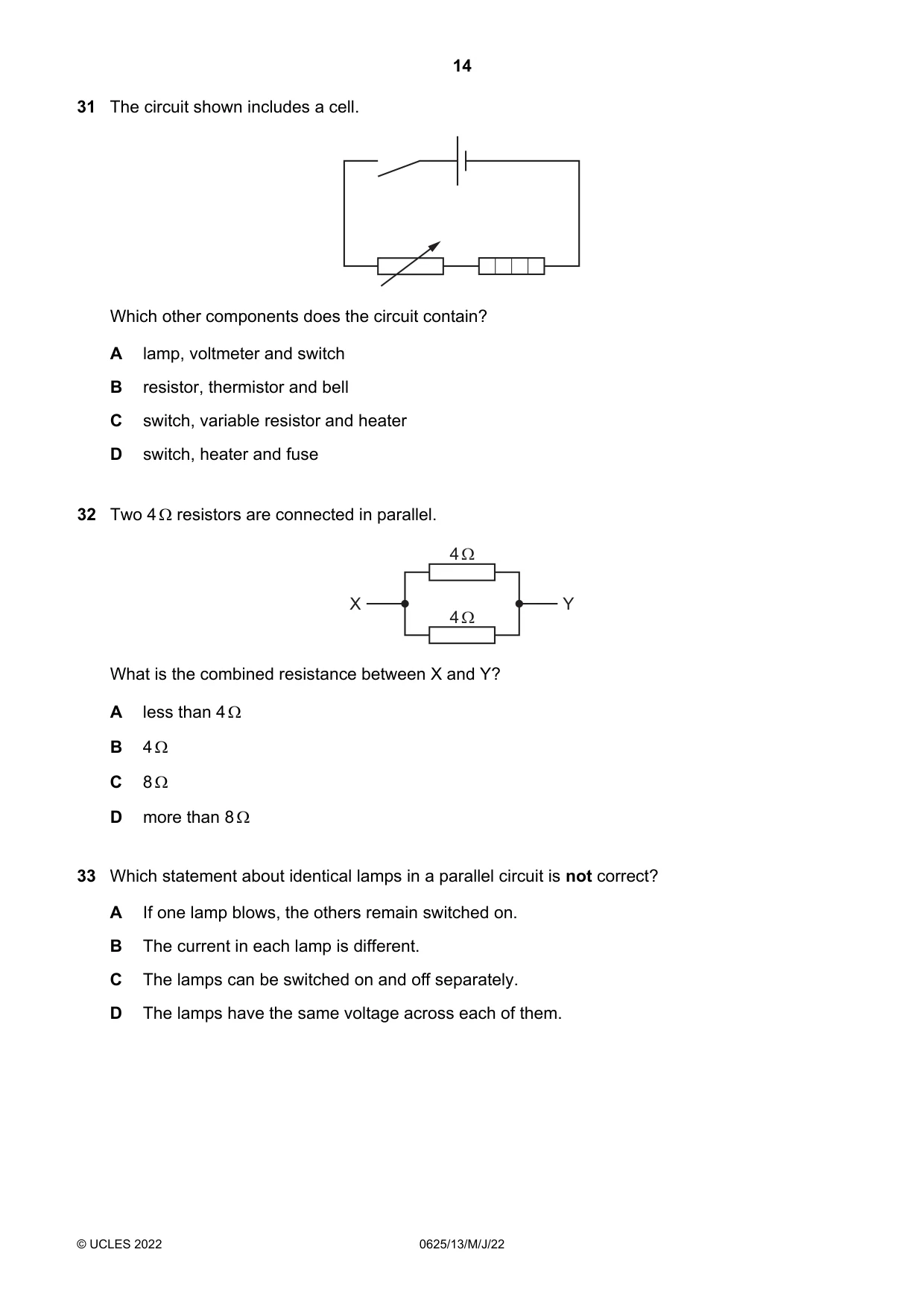 Cambridge IGCSE Physics 0625 2022 May/June Paper 1 · Variant 3 question paper, page 14 of 20