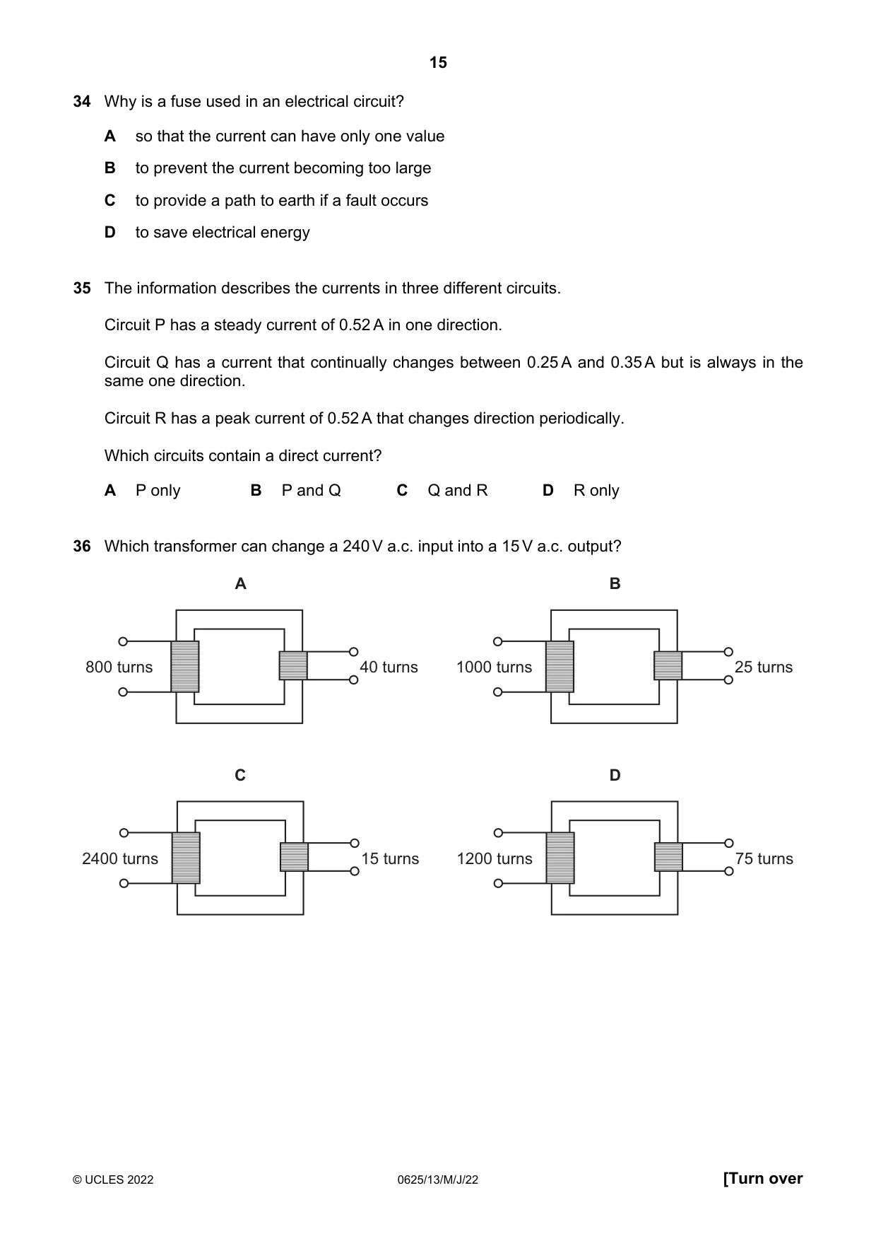 Cambridge IGCSE Physics 0625 2022 May/June Paper 1 · Variant 3 question paper, page 15 of 20