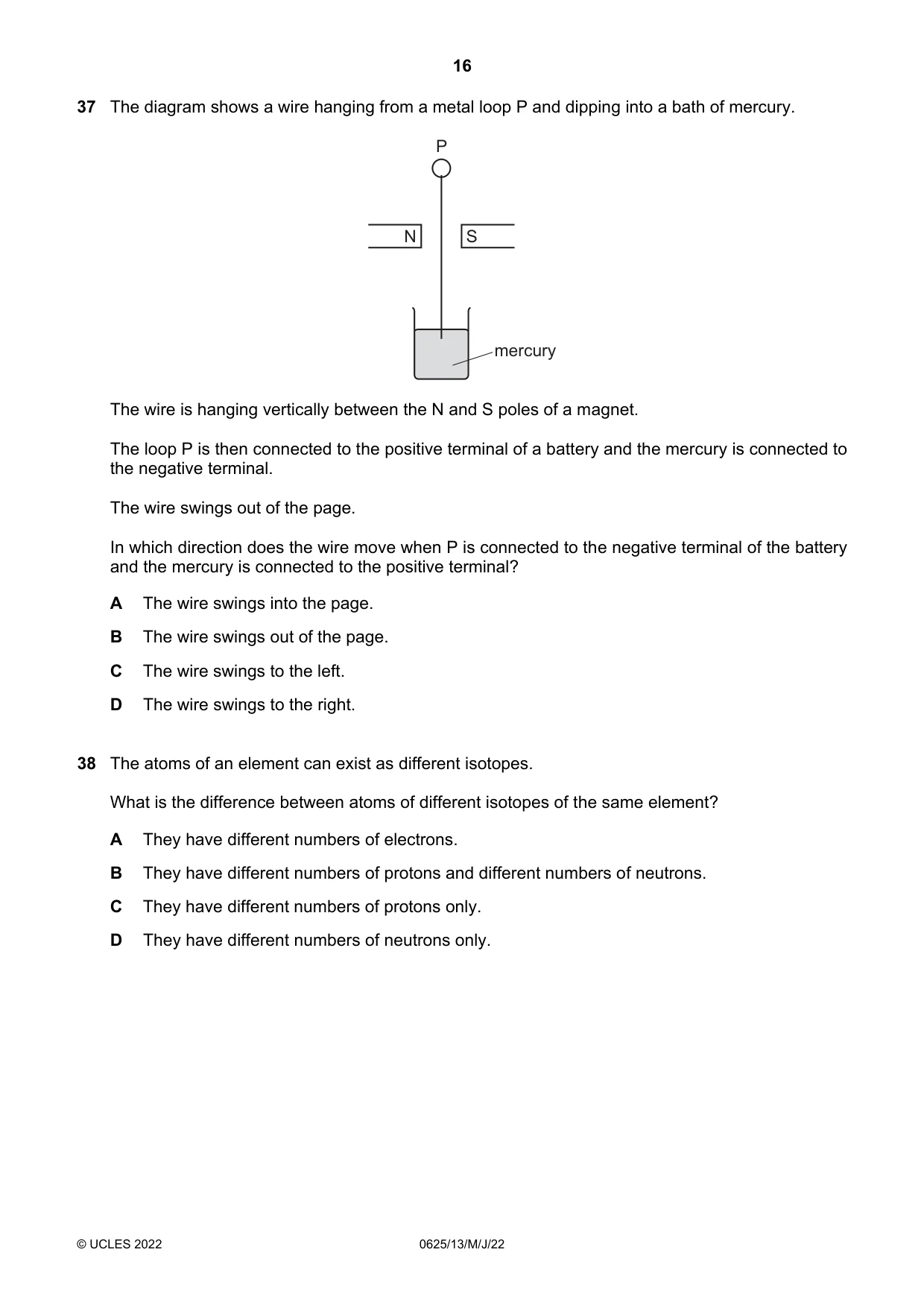 Cambridge IGCSE Physics 0625 2022 May/June Paper 1 · Variant 3 question paper, page 16 of 20