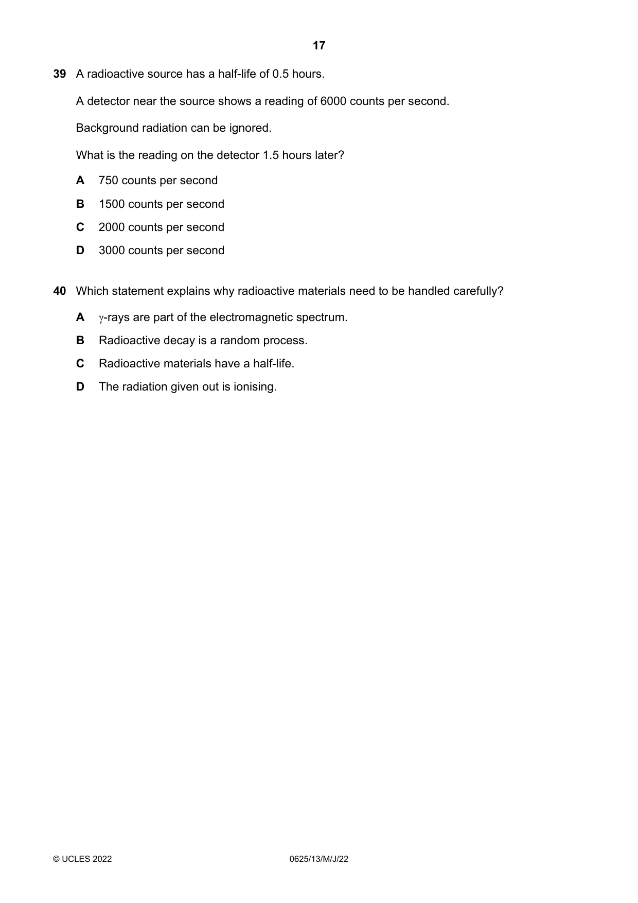 Cambridge IGCSE Physics 0625 2022 May/June Paper 1 · Variant 3 question paper, page 17 of 20