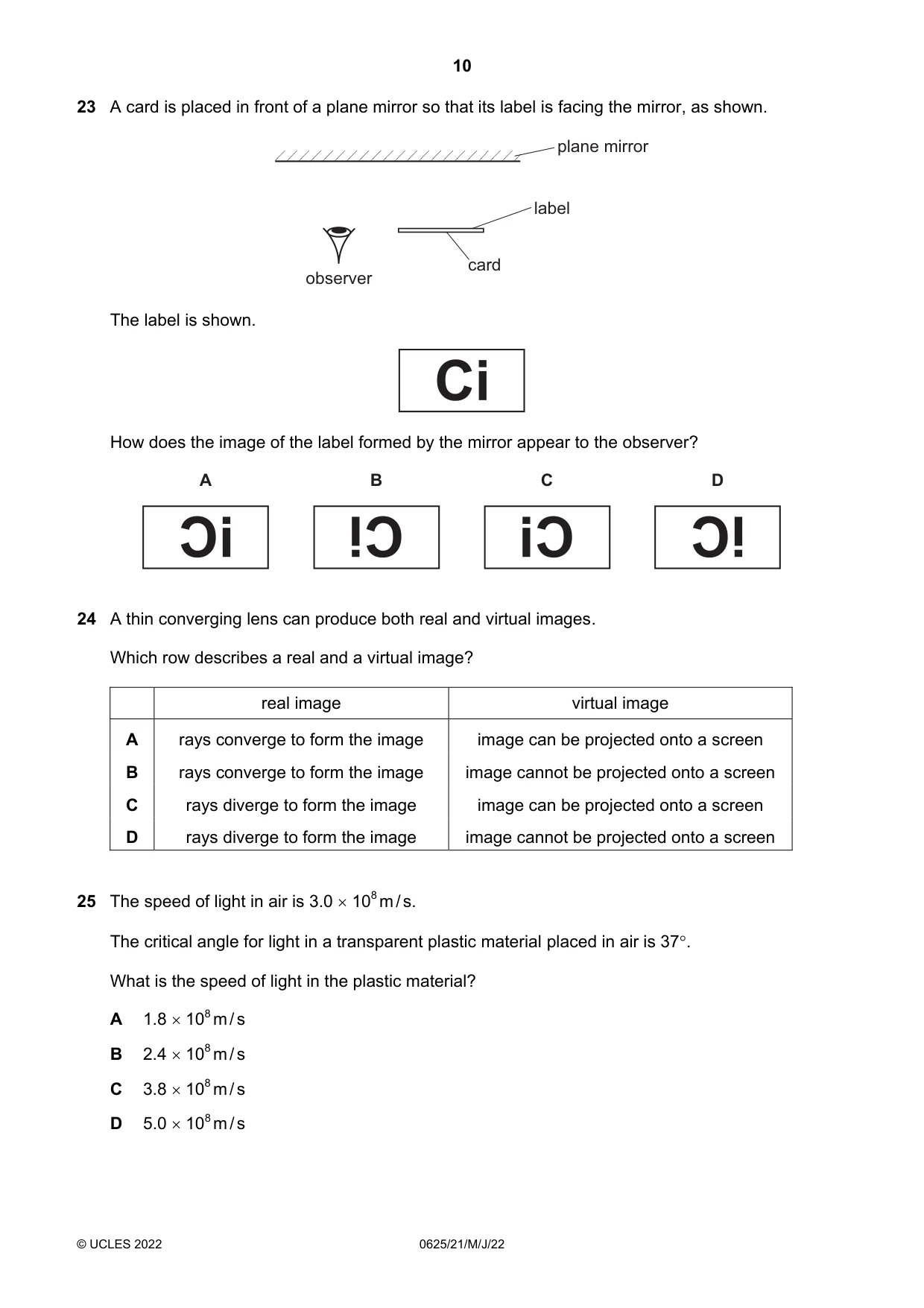 Cambridge IGCSE Physics 0625 2022 May/June Paper 2 · Variant 1 question paper, page 10 of 16
