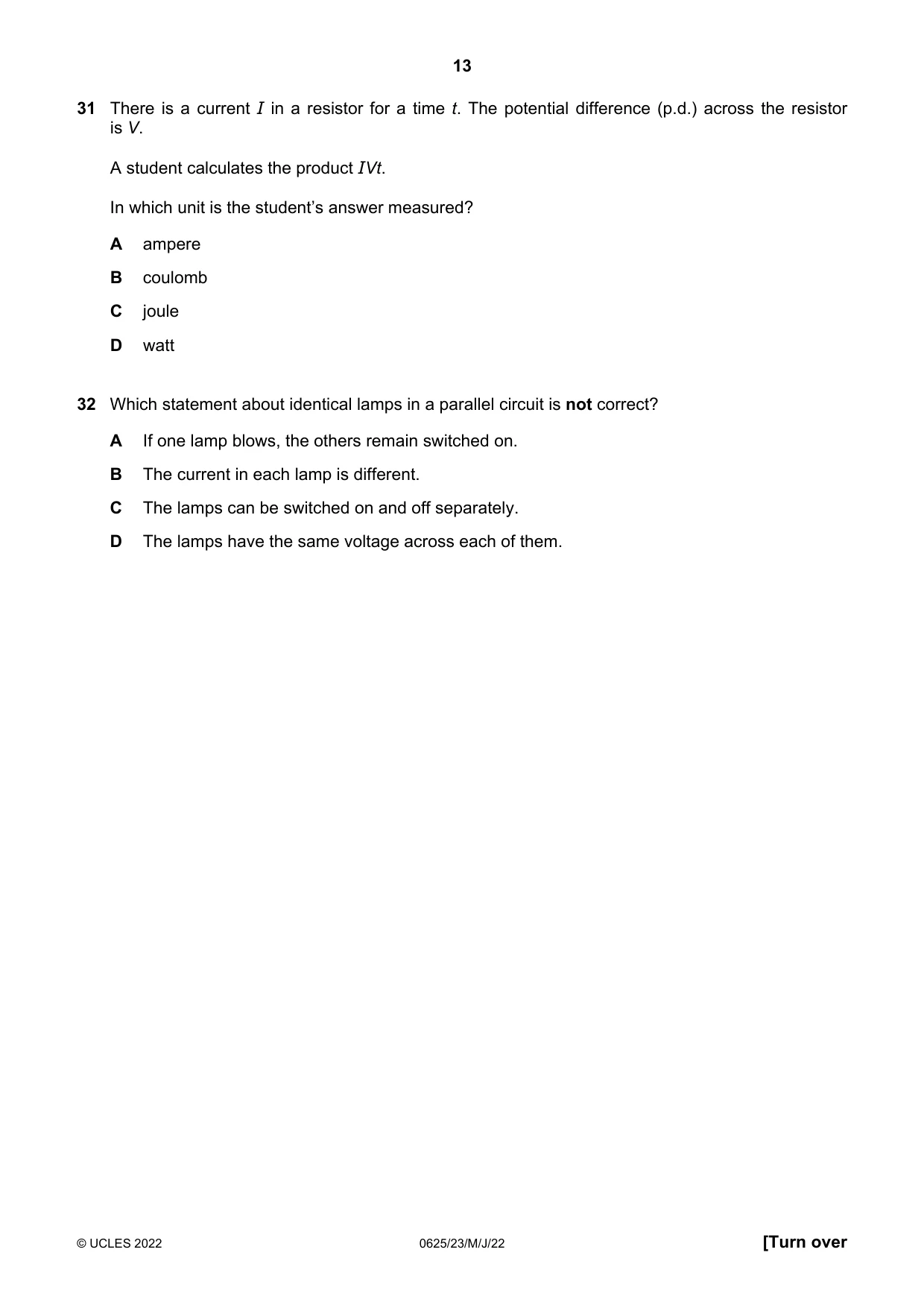 Cambridge IGCSE Physics 0625 2022 May/June Paper 2 · Variant 3 question paper, page 13 of 20