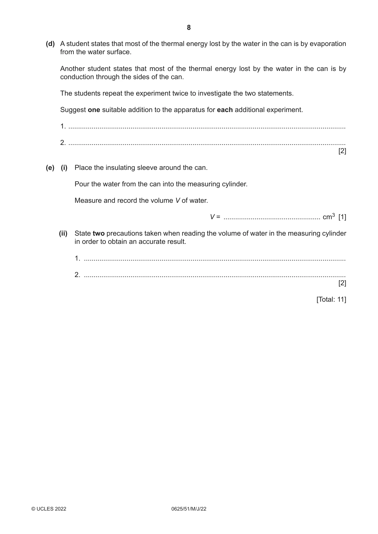 Cambridge IGCSE Physics 0625 2022 May/June Paper 5 · Variant 1 question paper, page 8 of 16