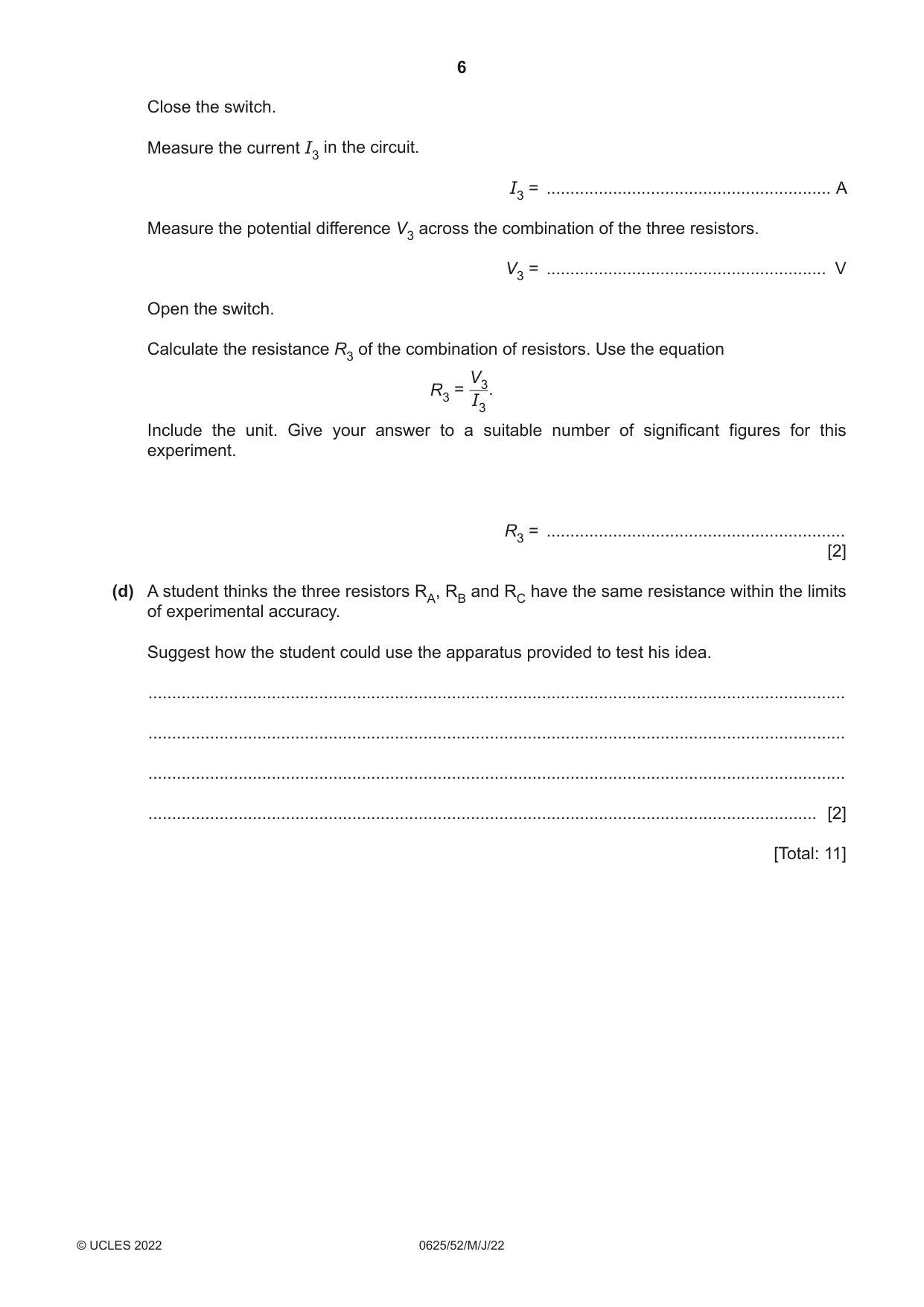 Cambridge IGCSE Physics 0625 2022 May/June Paper 5 · Variant 2 question paper, page 6 of 12