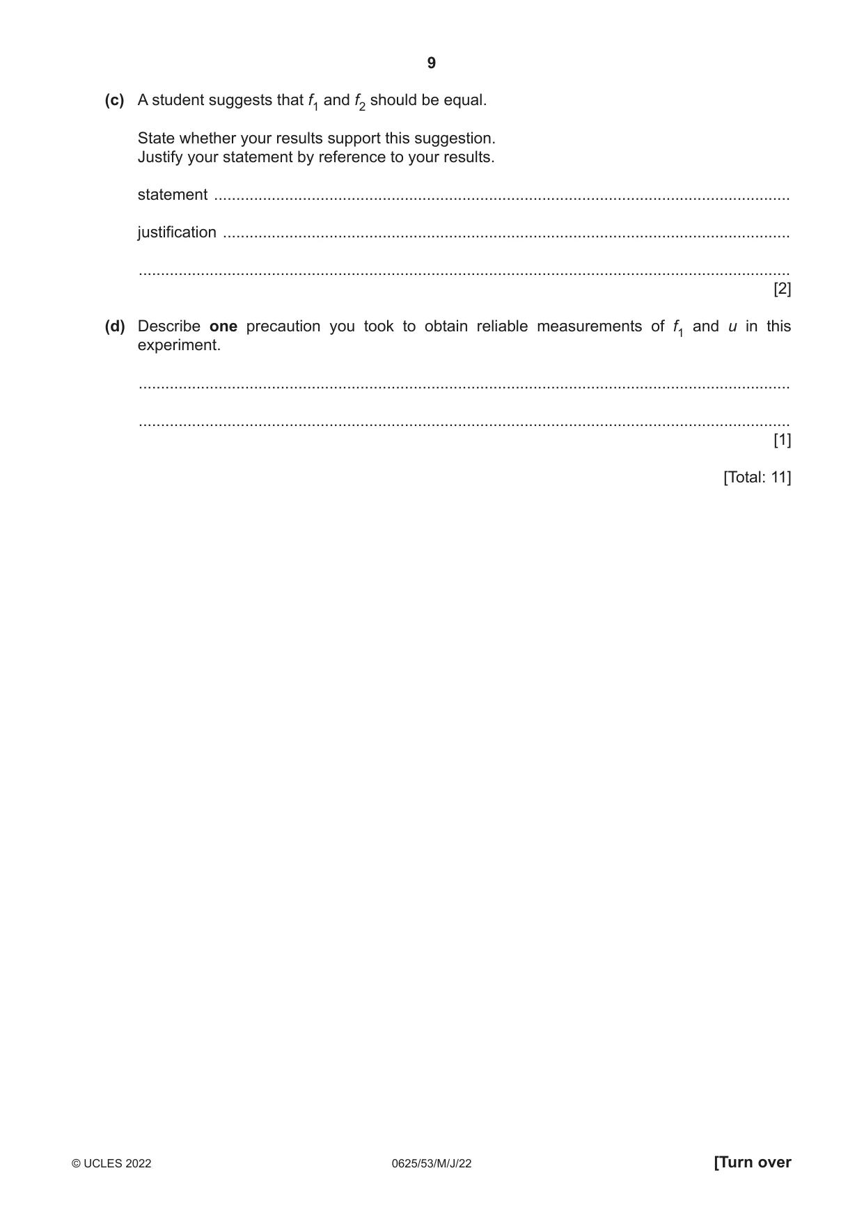 Cambridge IGCSE Physics 0625 2022 May/June Paper 5 · Variant 3 question paper, page 9 of 12