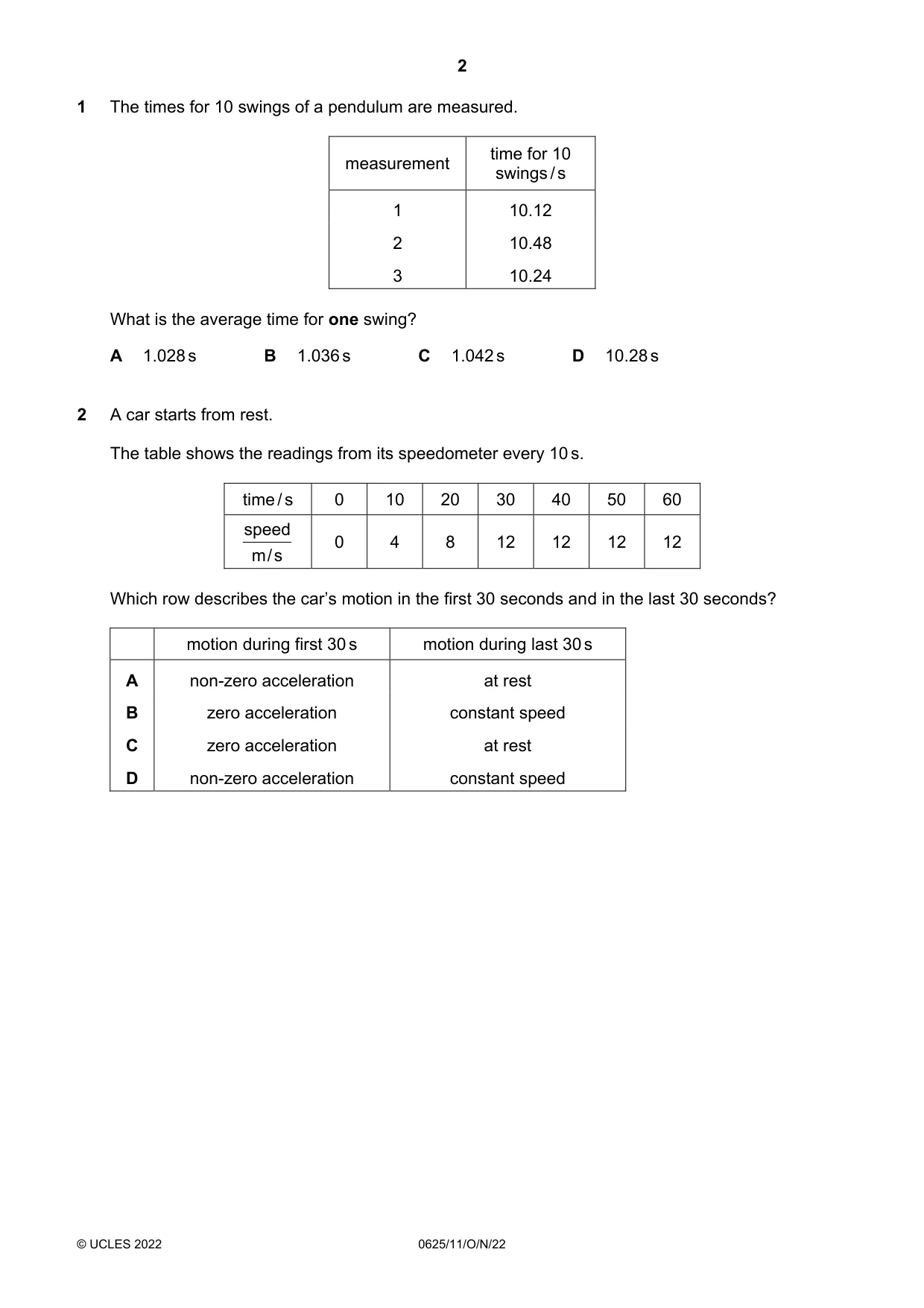 Cambridge IGCSE Physics 0625 2022 Oct/Nov Paper 1 · Variant 1 question paper, page 2 of 16