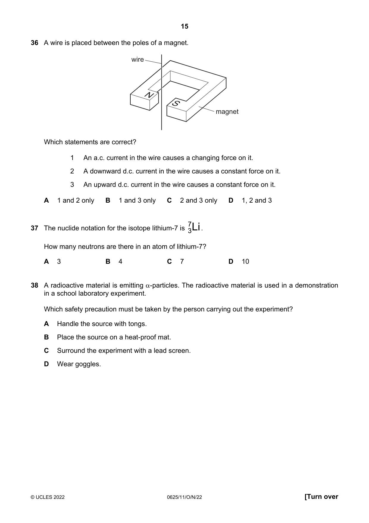 Cambridge IGCSE Physics 0625 2022 Oct/Nov Paper 1 · Variant 1 question paper, page 15 of 16