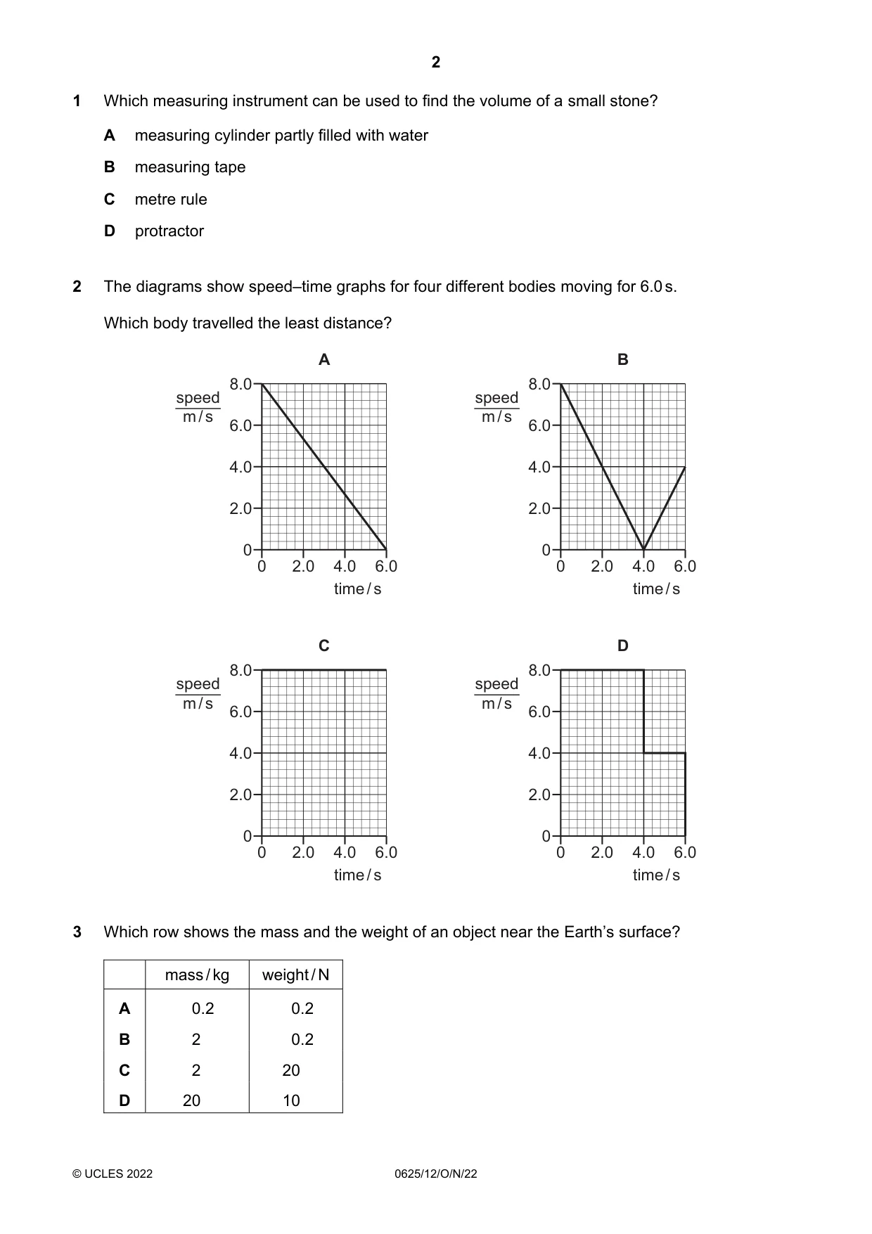 Cambridge IGCSE Physics 0625 2022 Oct/Nov Paper 1 · Variant 2 question paper, page 2 of 20