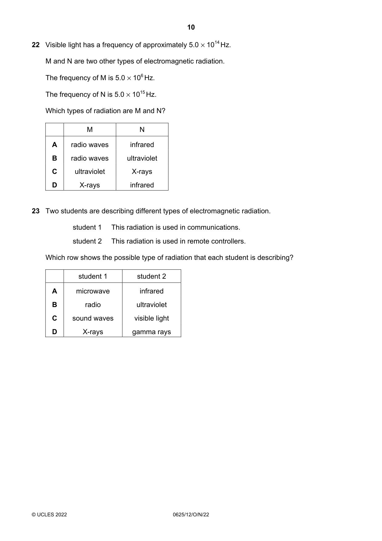 Cambridge IGCSE Physics 0625 2022 Oct/Nov Paper 1 · Variant 2 question paper, page 10 of 20