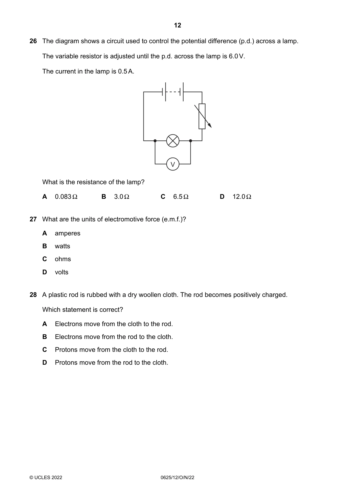 Cambridge IGCSE Physics 0625 2022 Oct/Nov Paper 1 · Variant 2 question paper, page 12 of 20