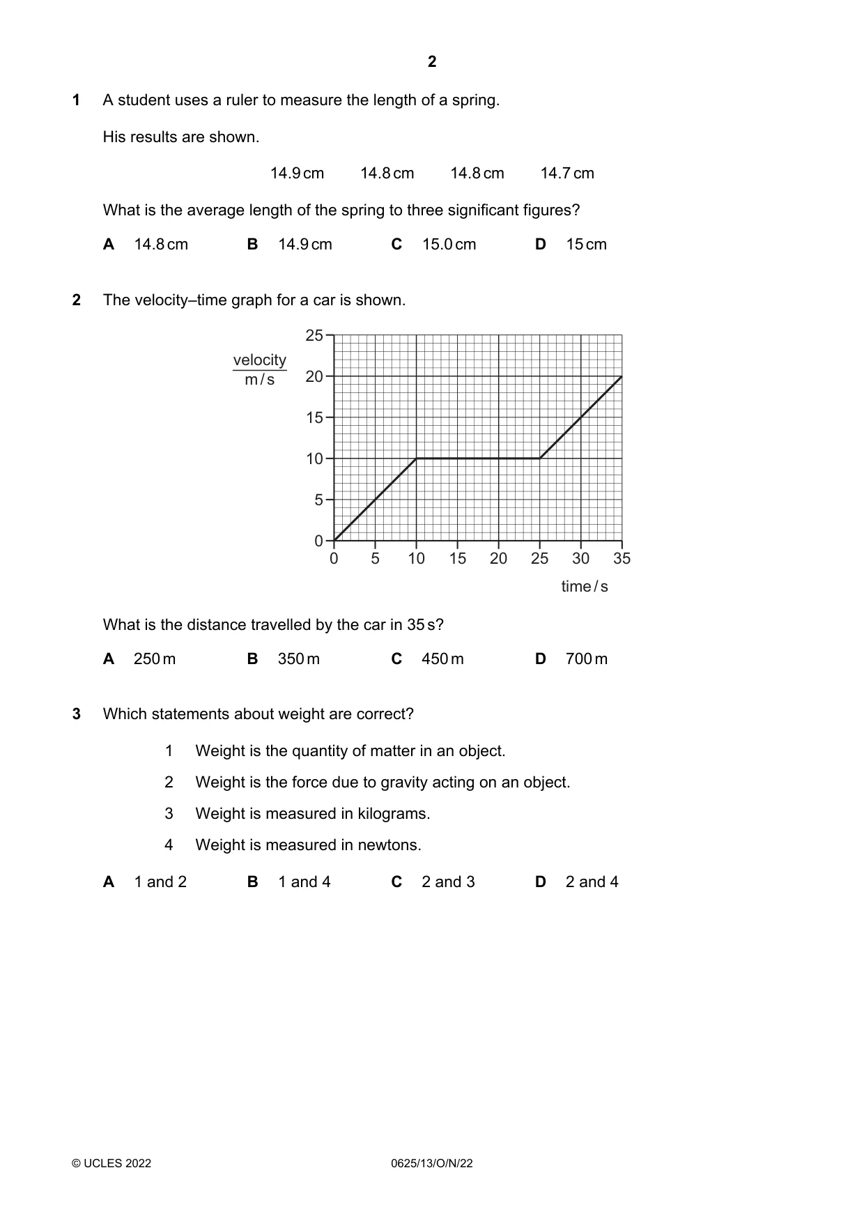 Cambridge IGCSE Physics 0625 2022 Oct/Nov Paper 1 · Variant 3 question paper, page 2 of 20