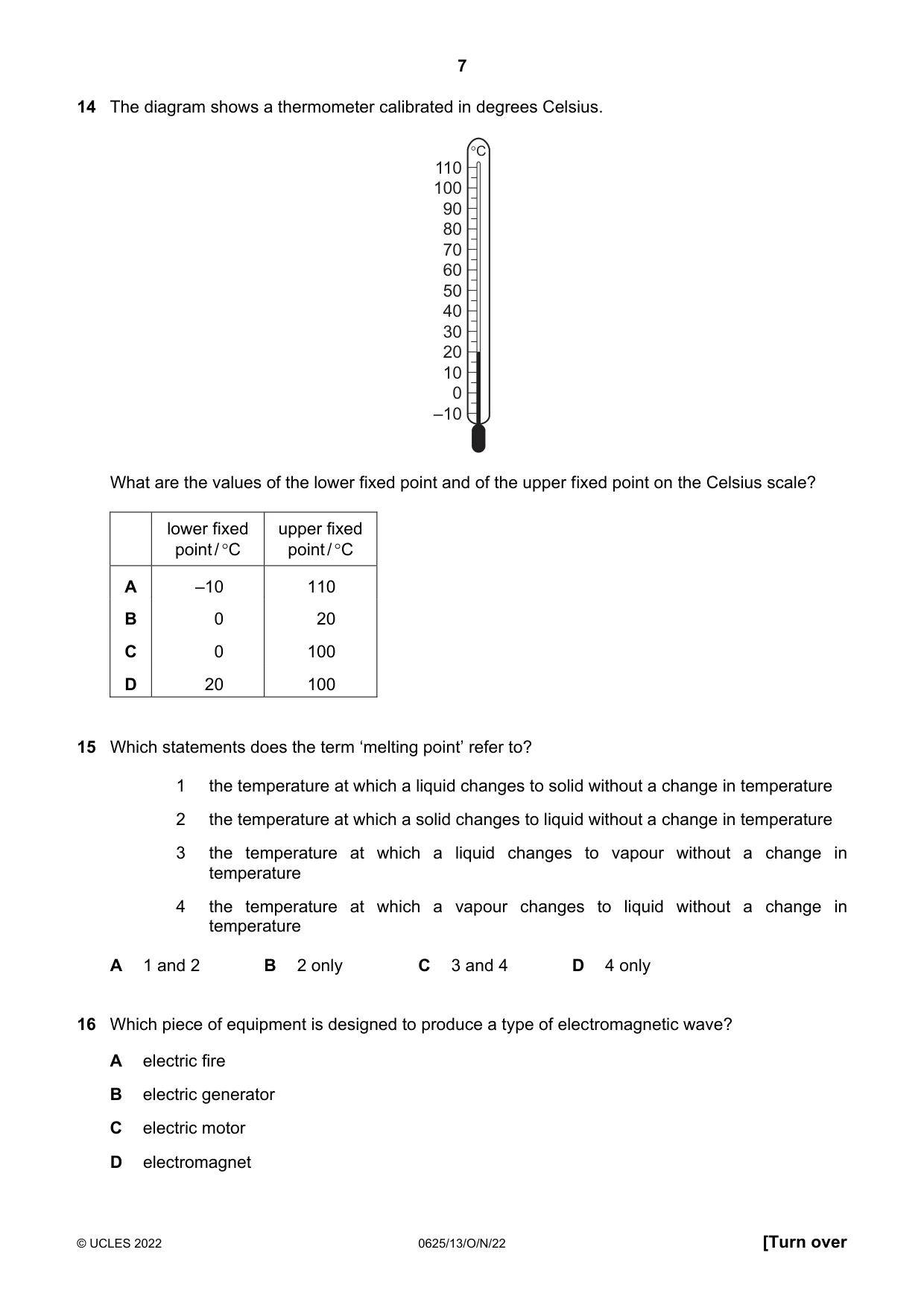 Cambridge IGCSE Physics 0625 2022 Oct/Nov Paper 1 · Variant 3 question paper, page 7 of 20