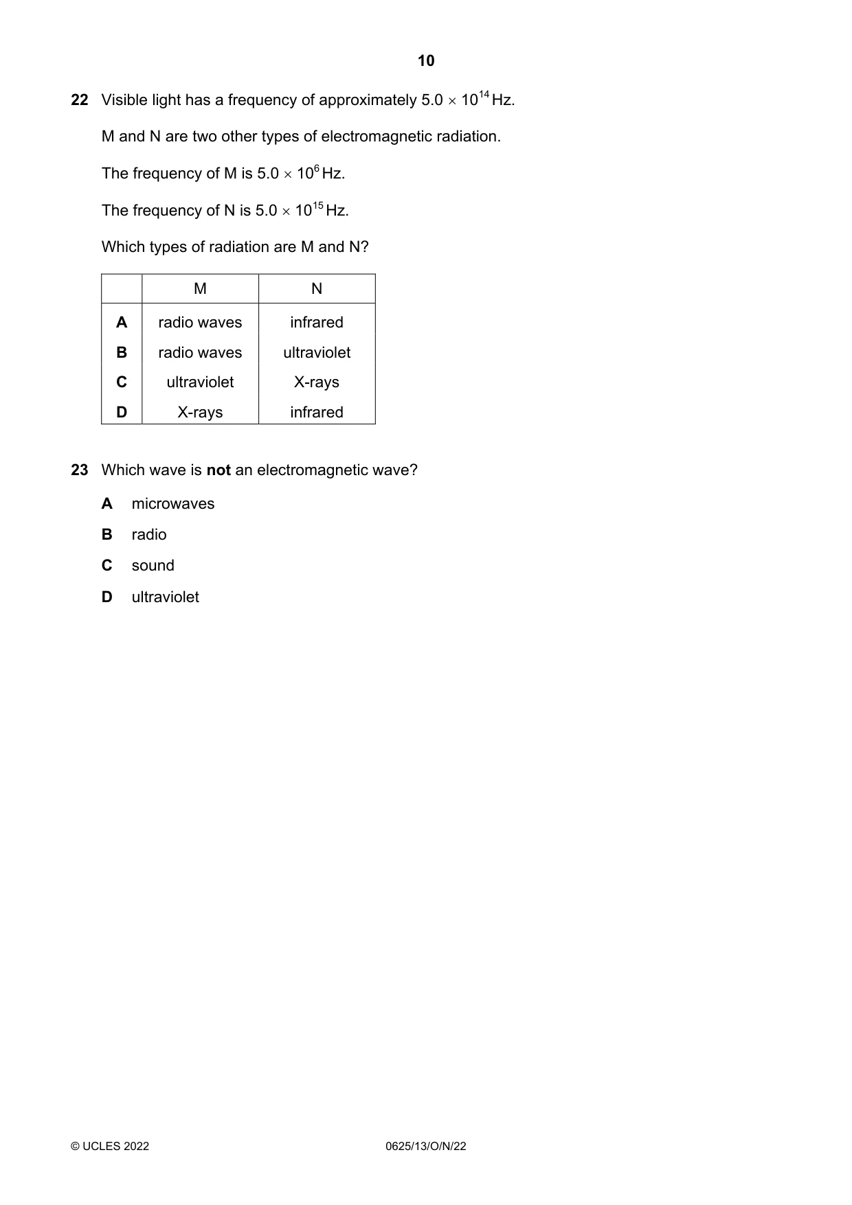 Cambridge IGCSE Physics 0625 2022 Oct/Nov Paper 1 · Variant 3 question paper, page 10 of 20
