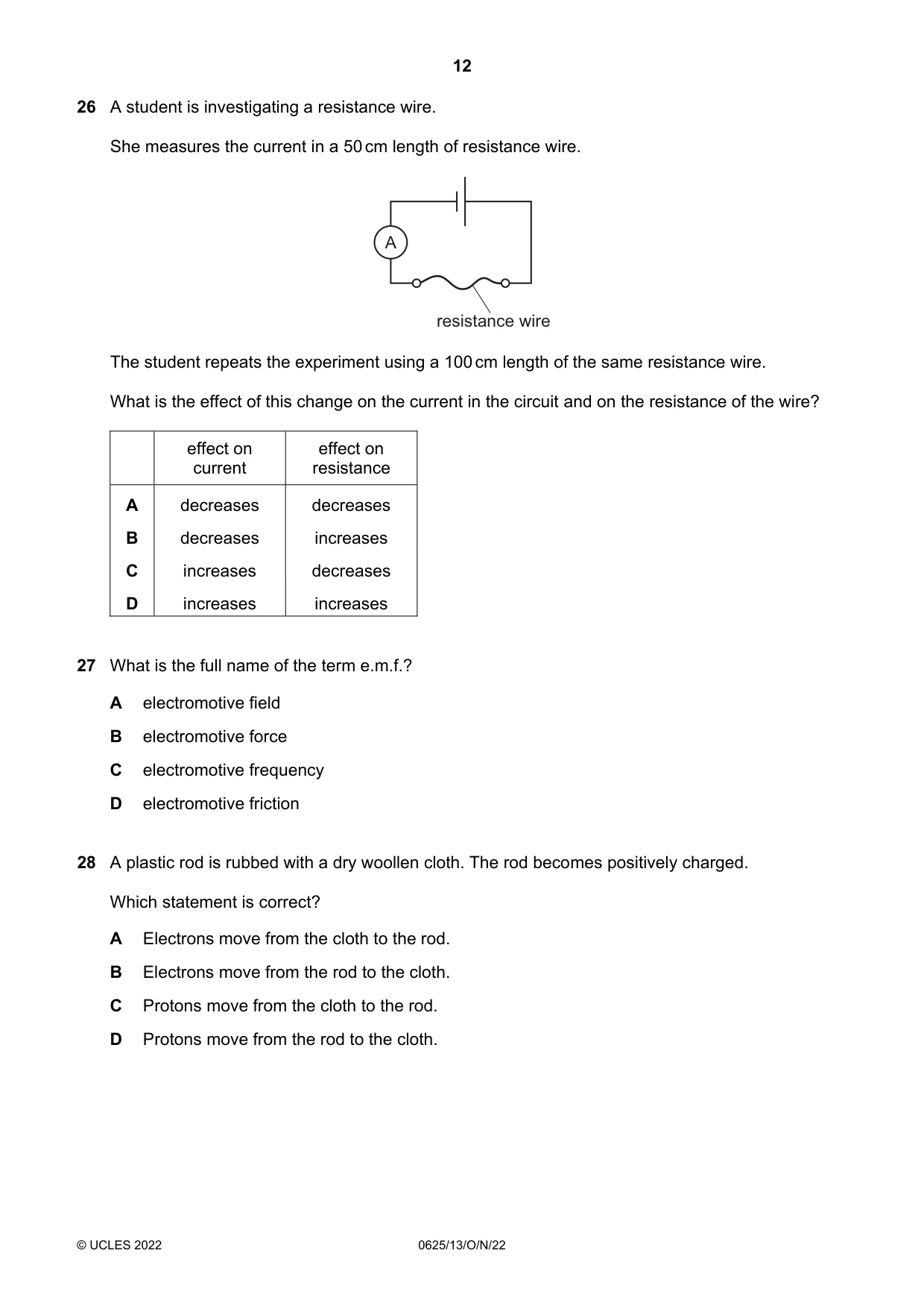Cambridge IGCSE Physics 0625 2022 Oct/Nov Paper 1 · Variant 3 question paper, page 12 of 20