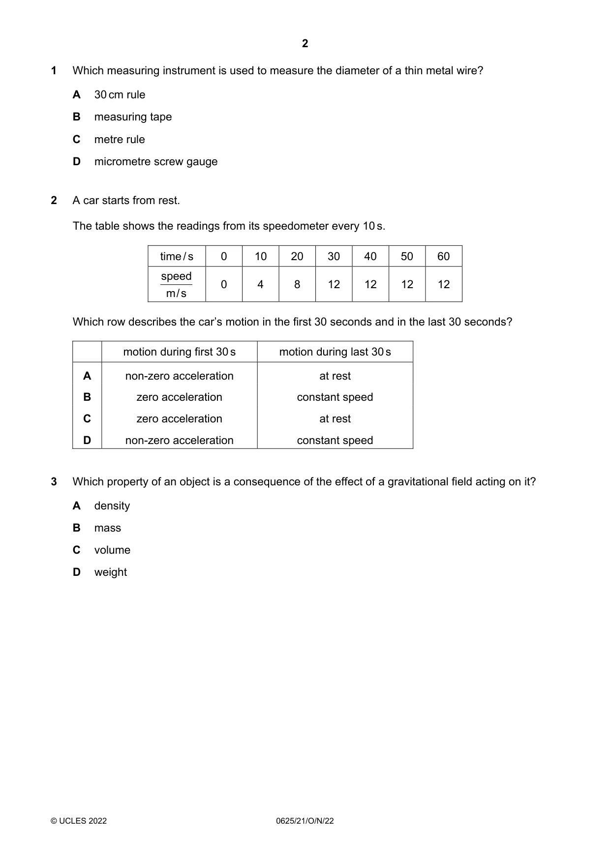 Cambridge IGCSE Physics 0625 2022 Oct/Nov Paper 2 · Variant 1 question paper, page 2 of 16