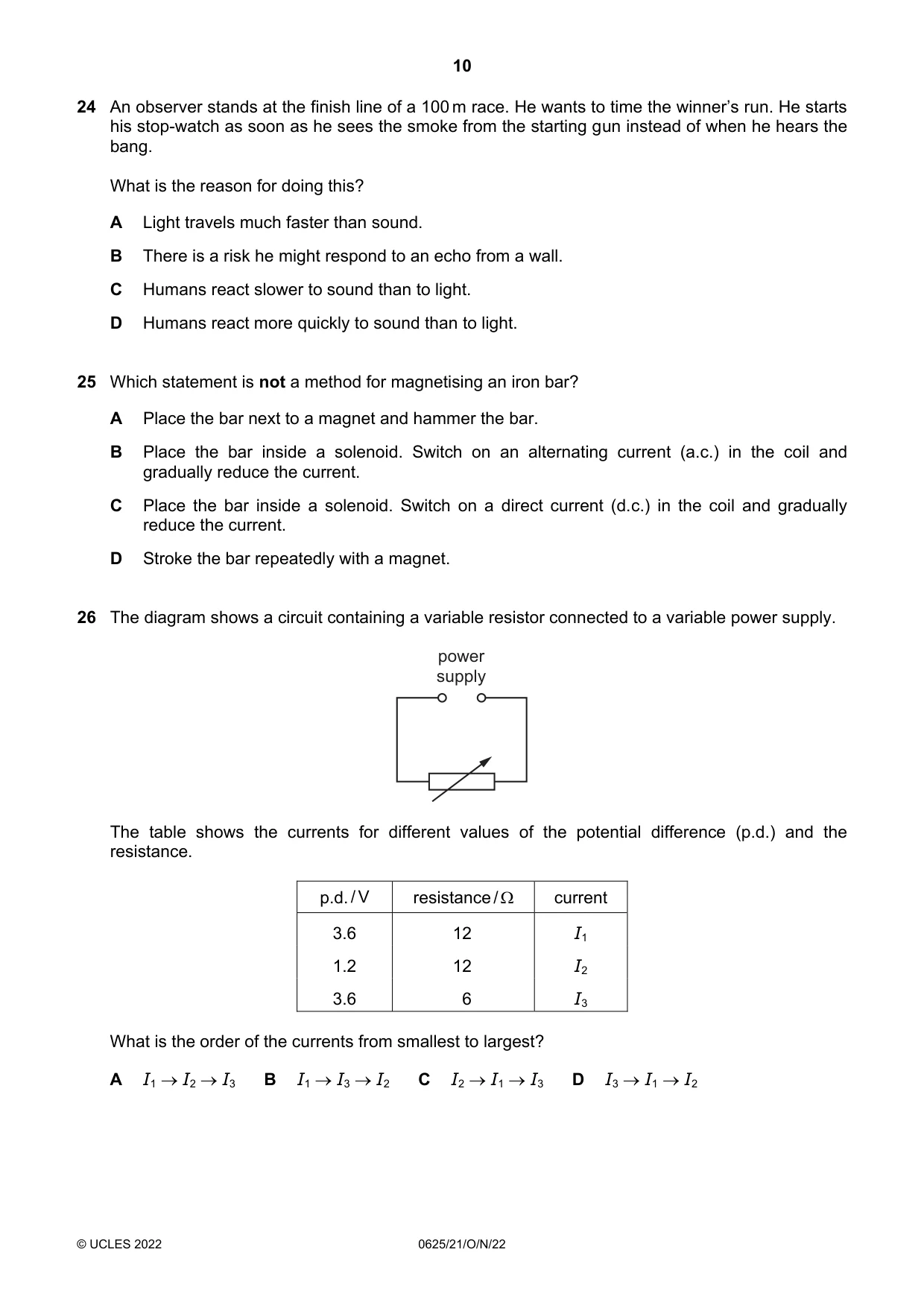 Cambridge IGCSE Physics 0625 2022 Oct/Nov Paper 2 · Variant 1 question paper, page 10 of 16