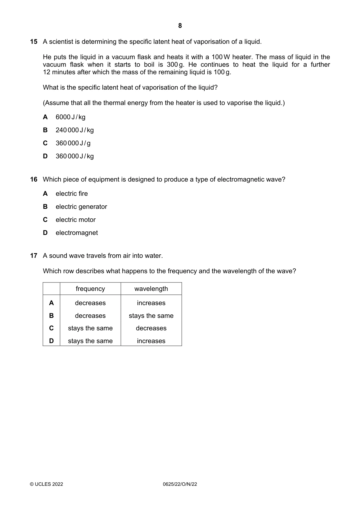 Cambridge IGCSE Physics 0625 2022 Oct/Nov Paper 2 · Variant 2 question paper, page 8 of 20