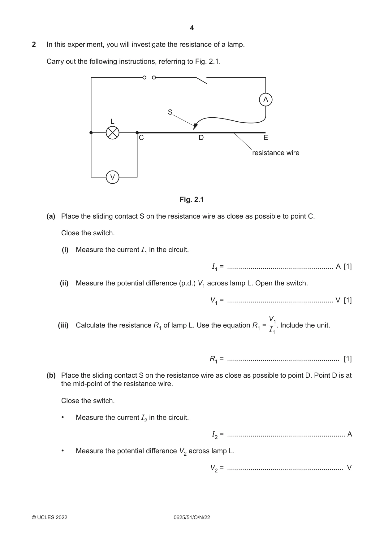 Cambridge IGCSE Physics 0625 2022 Oct/Nov Paper 5 · Variant 1 question paper, page 4 of 12